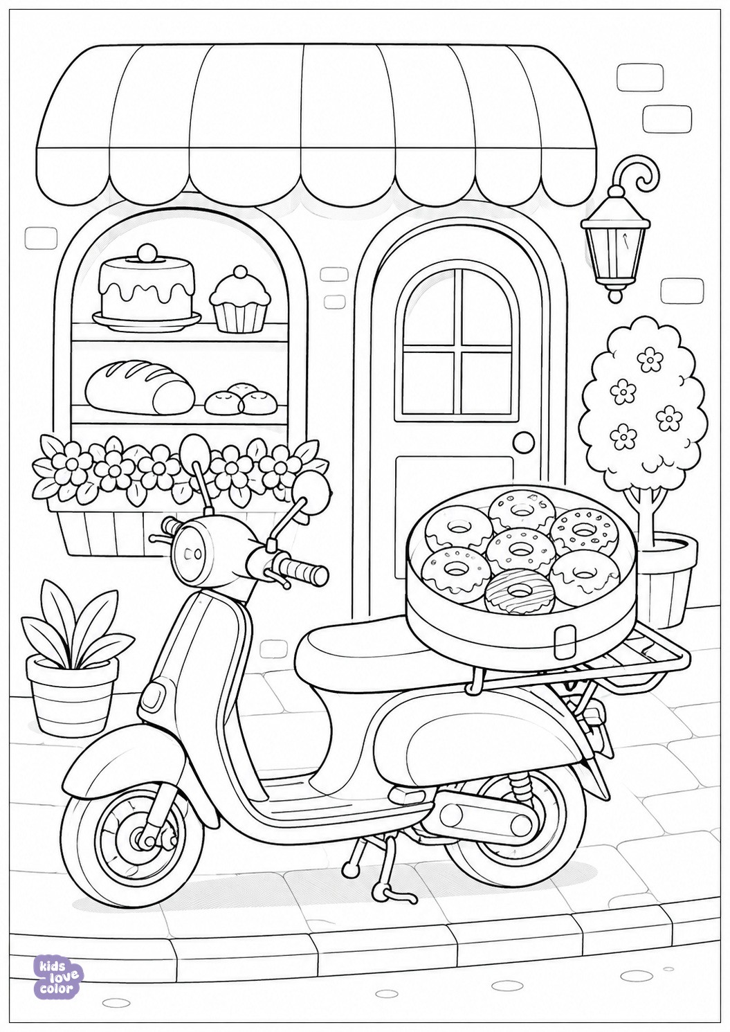 Gratis kleurplaat van een donutbezorgscooter voor een bakkerij