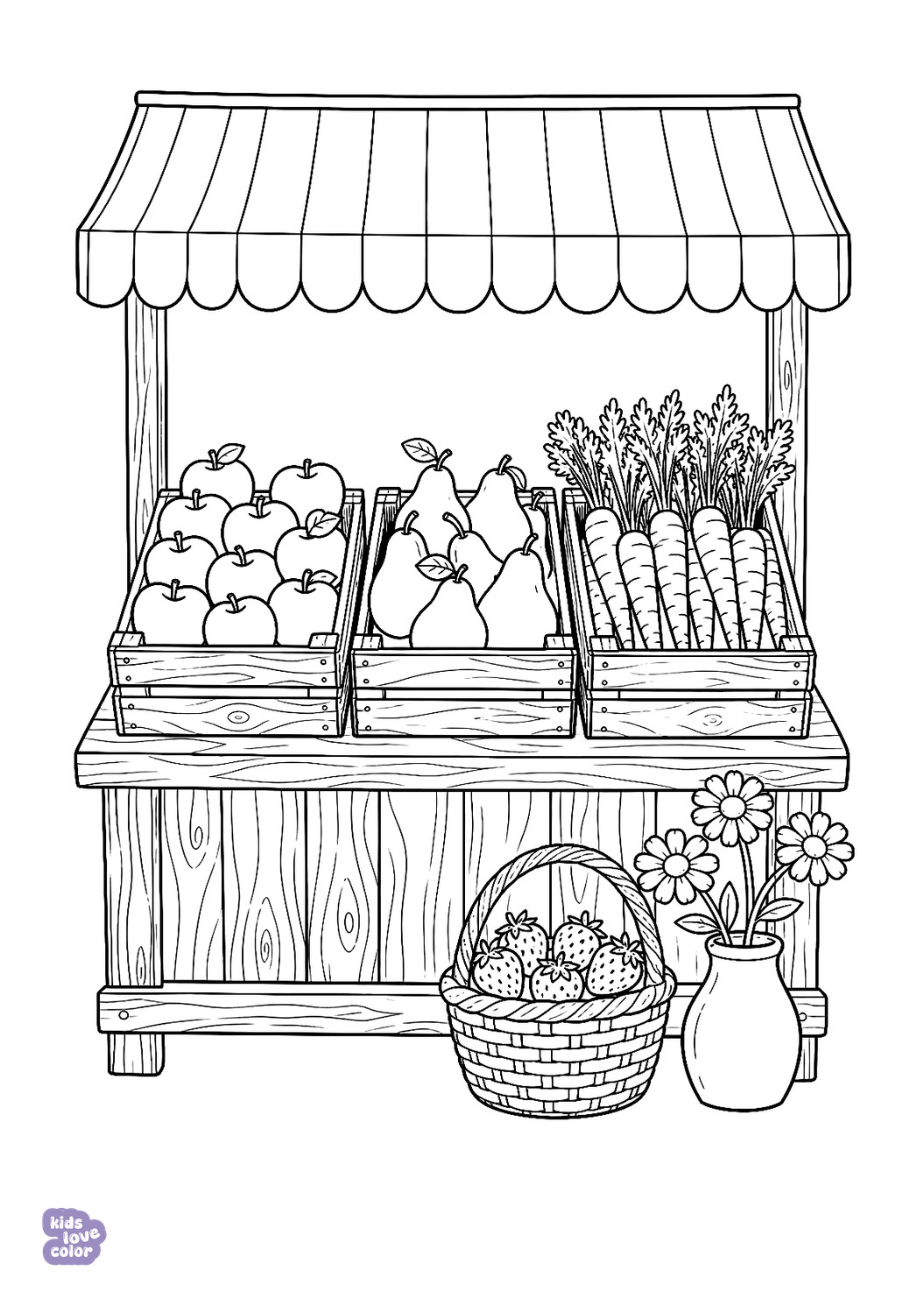 Kleurplaat van een houten marktkraam met drie groentekisten, een aardbeienmand en bloemen