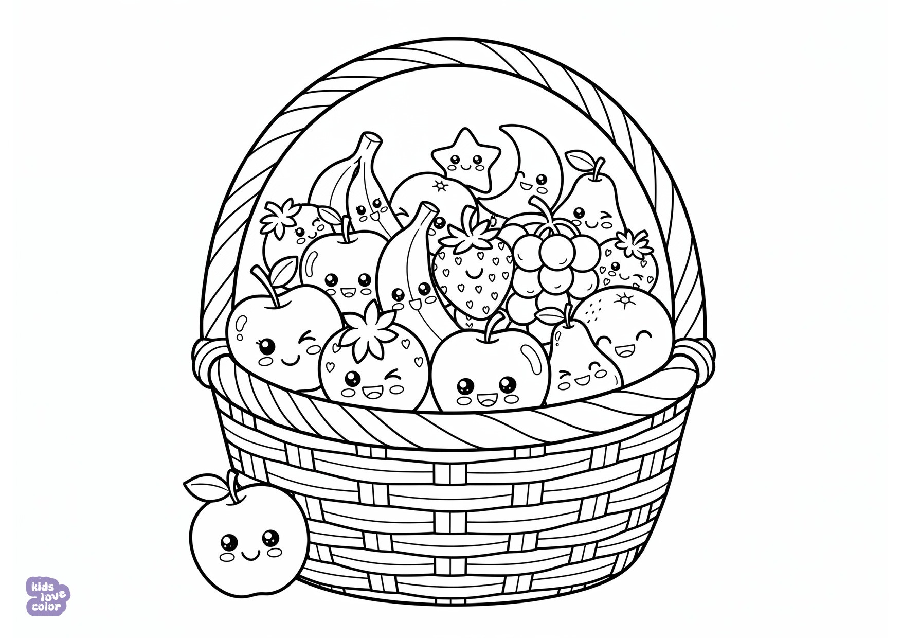 Gratis kleurplaat fruitmand vol verschillende kawaii vruchten – kinderen