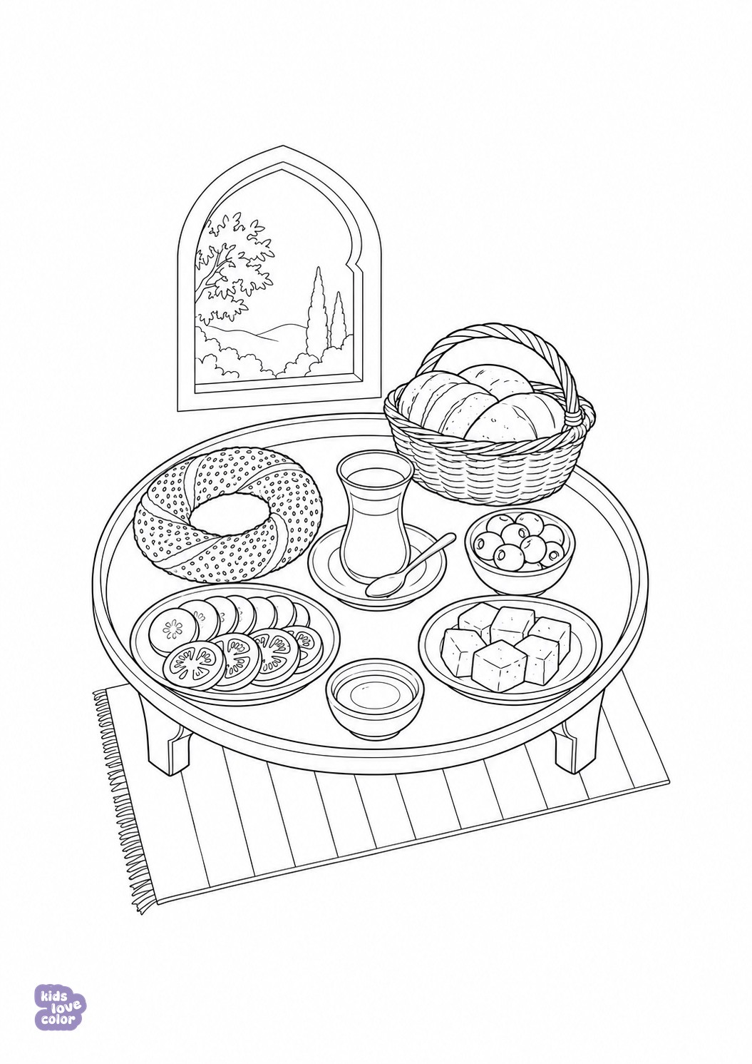 Kleurplaat van een rond Turks ontbijtdienblad met thee, simit, brood, kaas, olijven, tomaat en komkommer