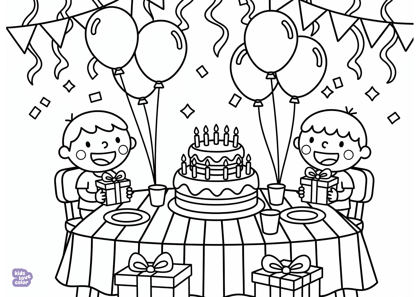 Gratis kleurplaat verjaardagstafel met taart en ballonnen – kinderen