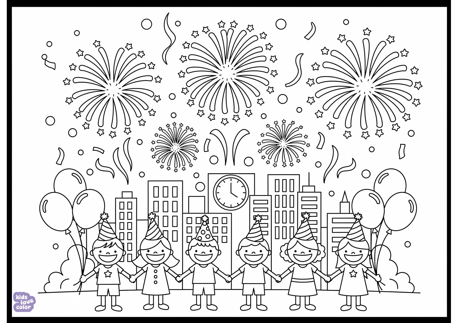 Gratis kleurplaat vuurwerkfeest met oud en nieuw – kinderen