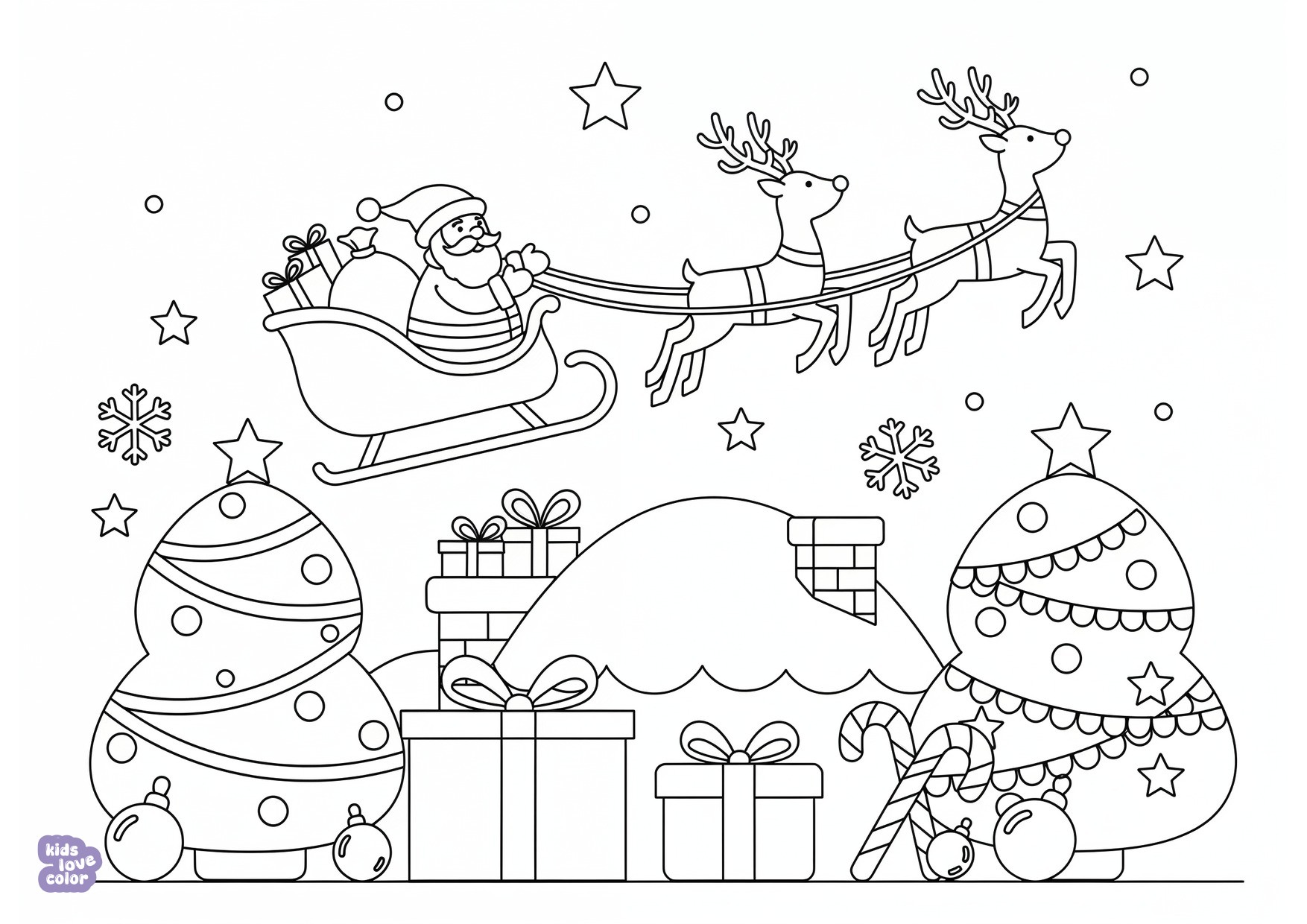 Gratis kleurplaat kerstman die cadeautjes bezorgt met de slee – kinderen