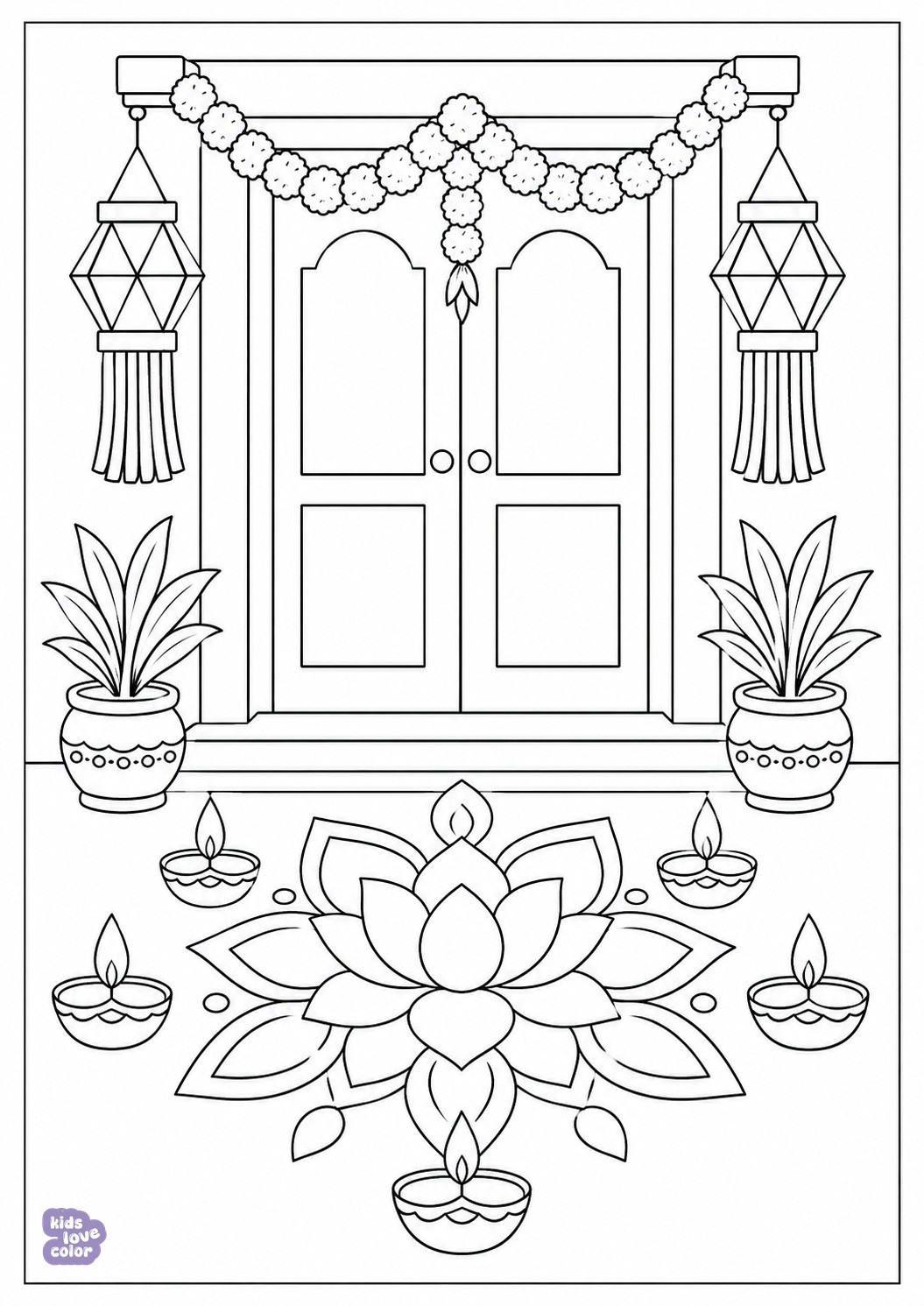 Gratis kleurplaat van een Diwali-deur met lotus-rangoli en olielampjes