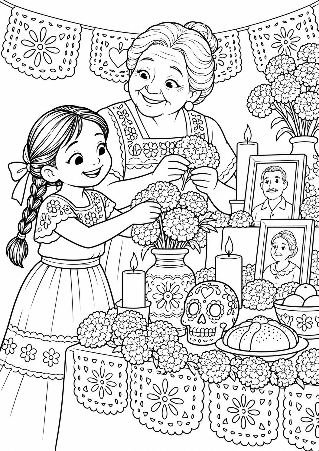 Kleurplaat: Día de Muertos – Bloemen met Oma