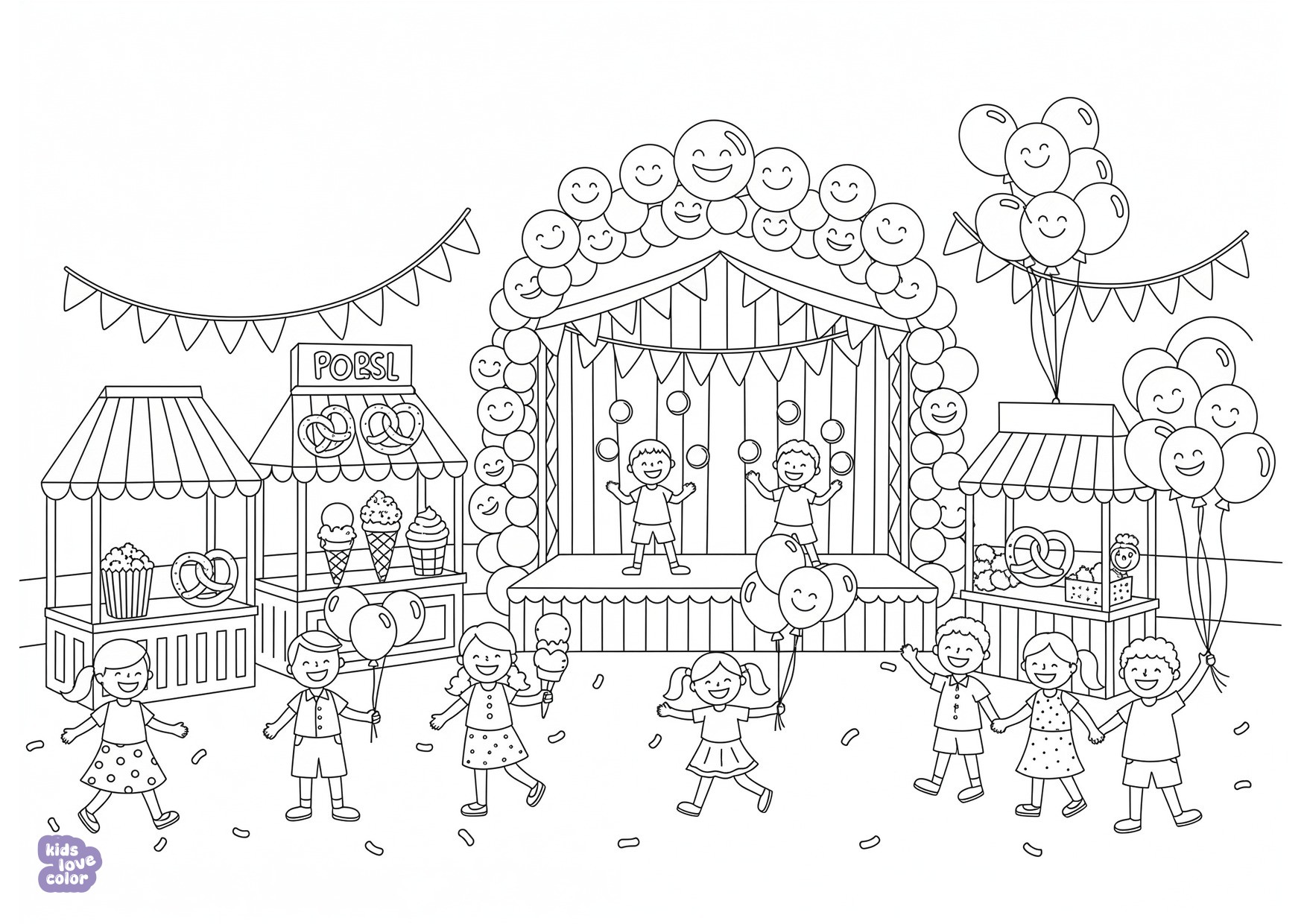 Gratis kleurplaat festivalscène met ballonnen, een podium en kraampjes – kinderen
