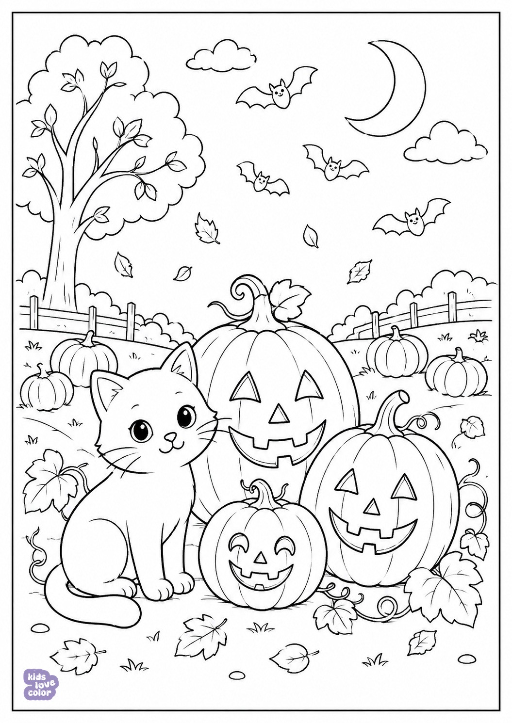 Gratis kleurplaat van een vriendelijke Halloweenkat tussen pompoenen