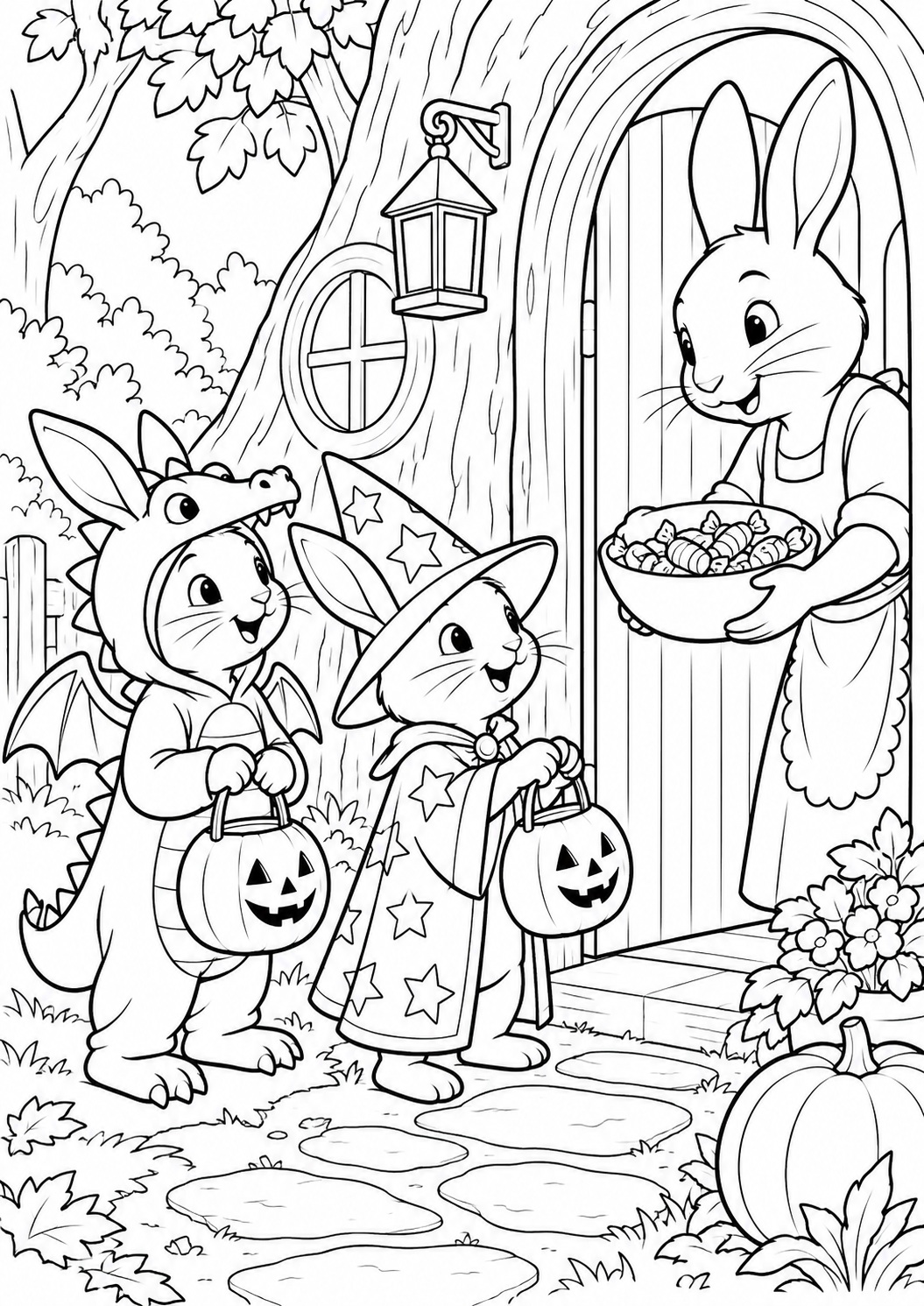 Kleurplaat: Konijnen in Halloweenkostuums