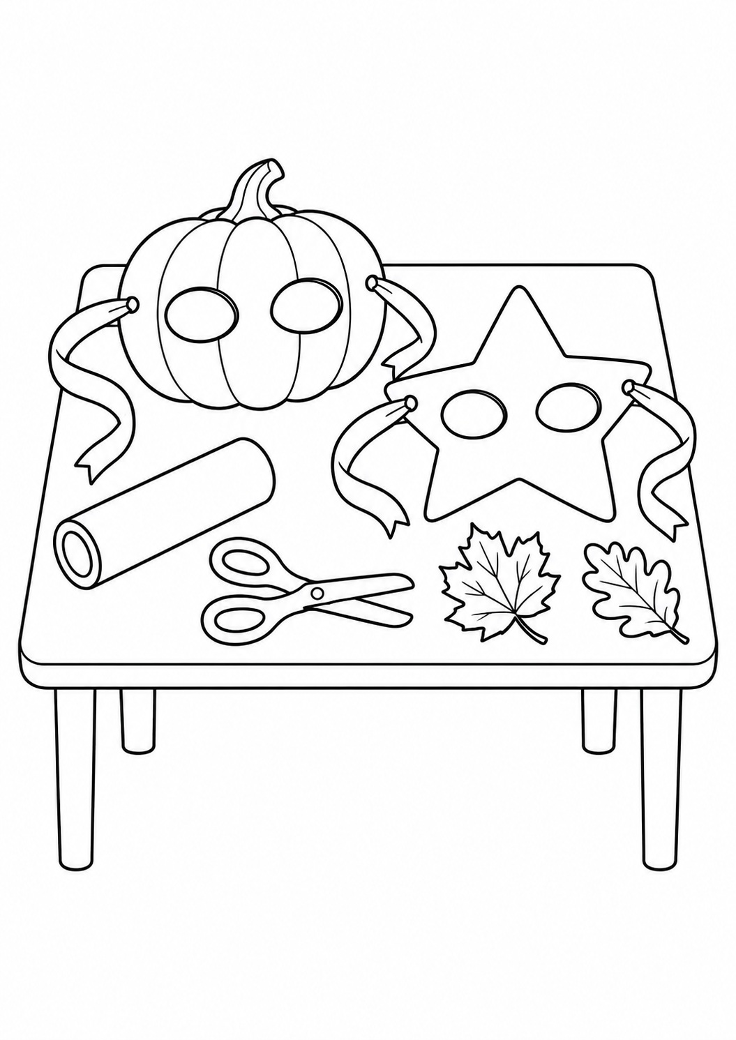 Kleurplaat: Papieren Halloweenmaskers op de Knutseltafel