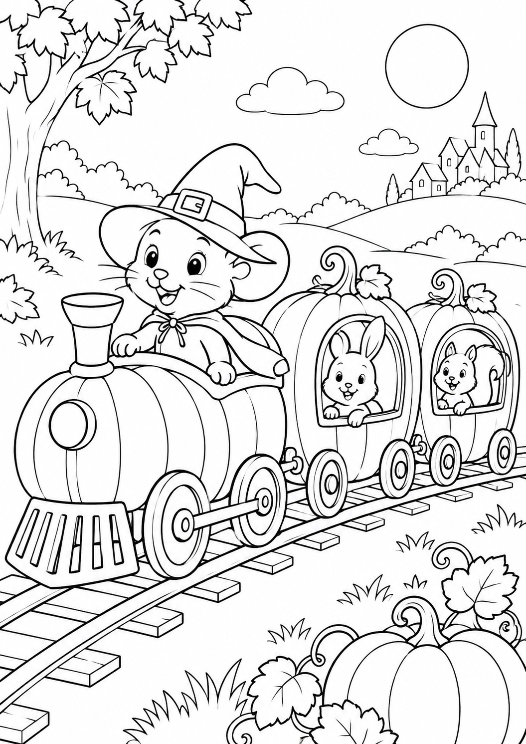 Kleurplaat: De Halloweenpompoenentrein