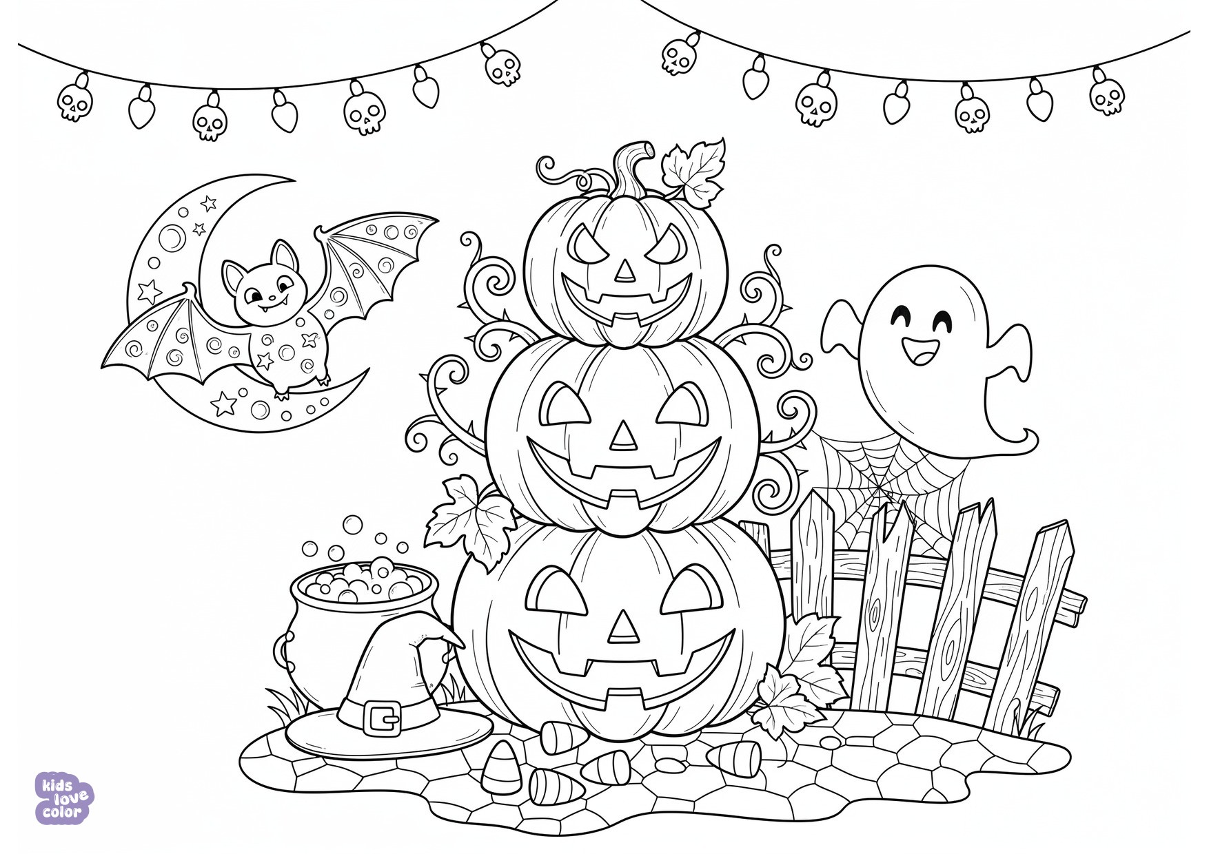 Gratis kleurplaat halloweenscène met pompoenen en een vleermuis – kinderen