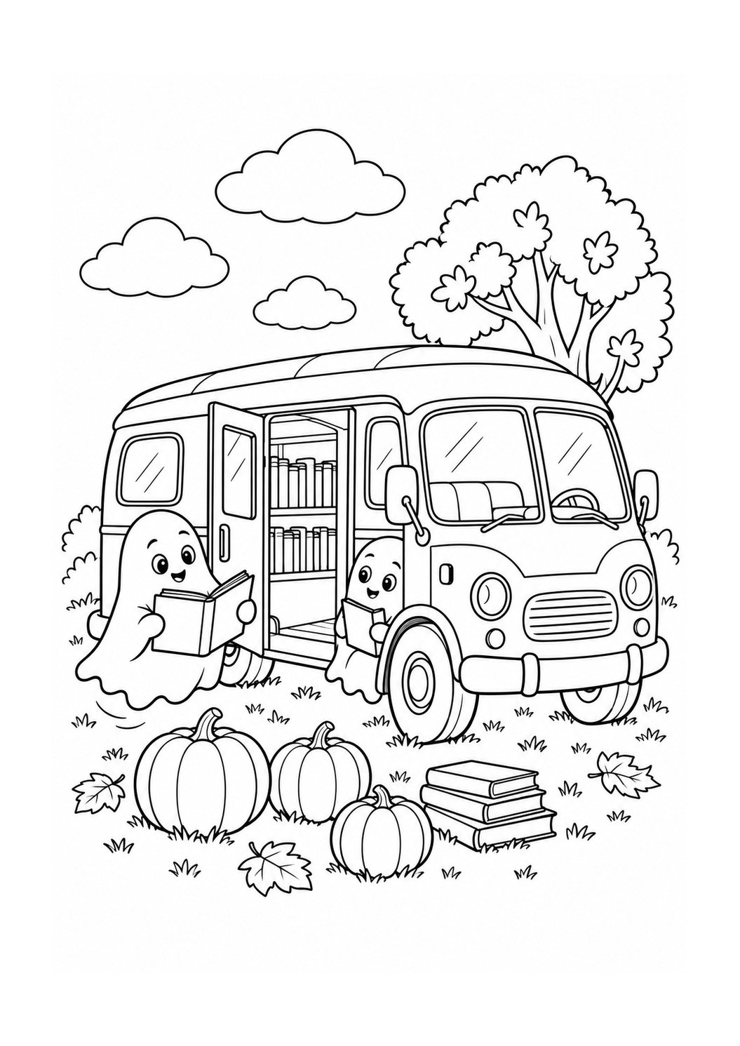 Kleurplaat: Vriendelijke Spookjes bij de Halloweenbibliobus