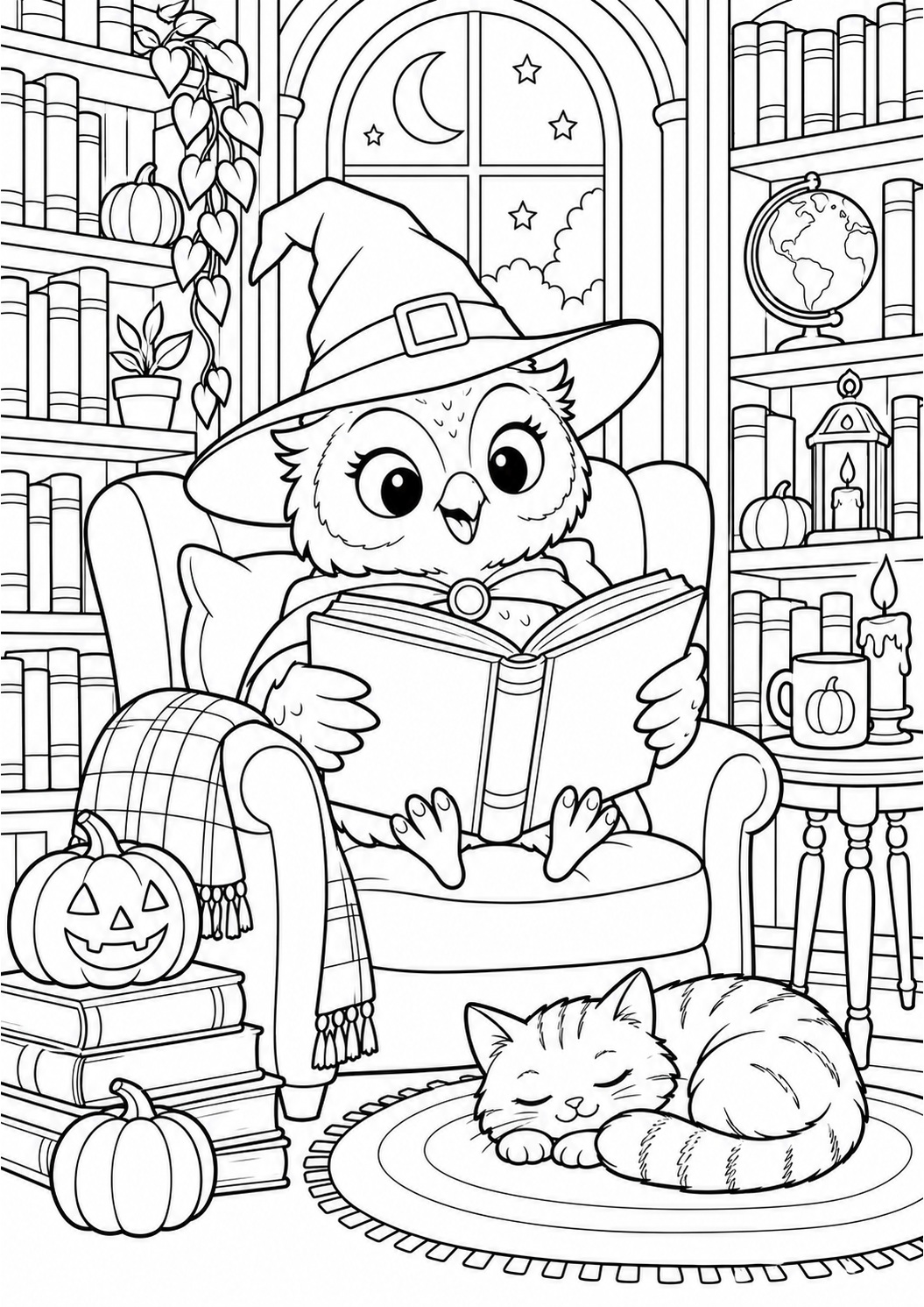 Kleurplaat: Halloween – Uil in de Bibliotheek