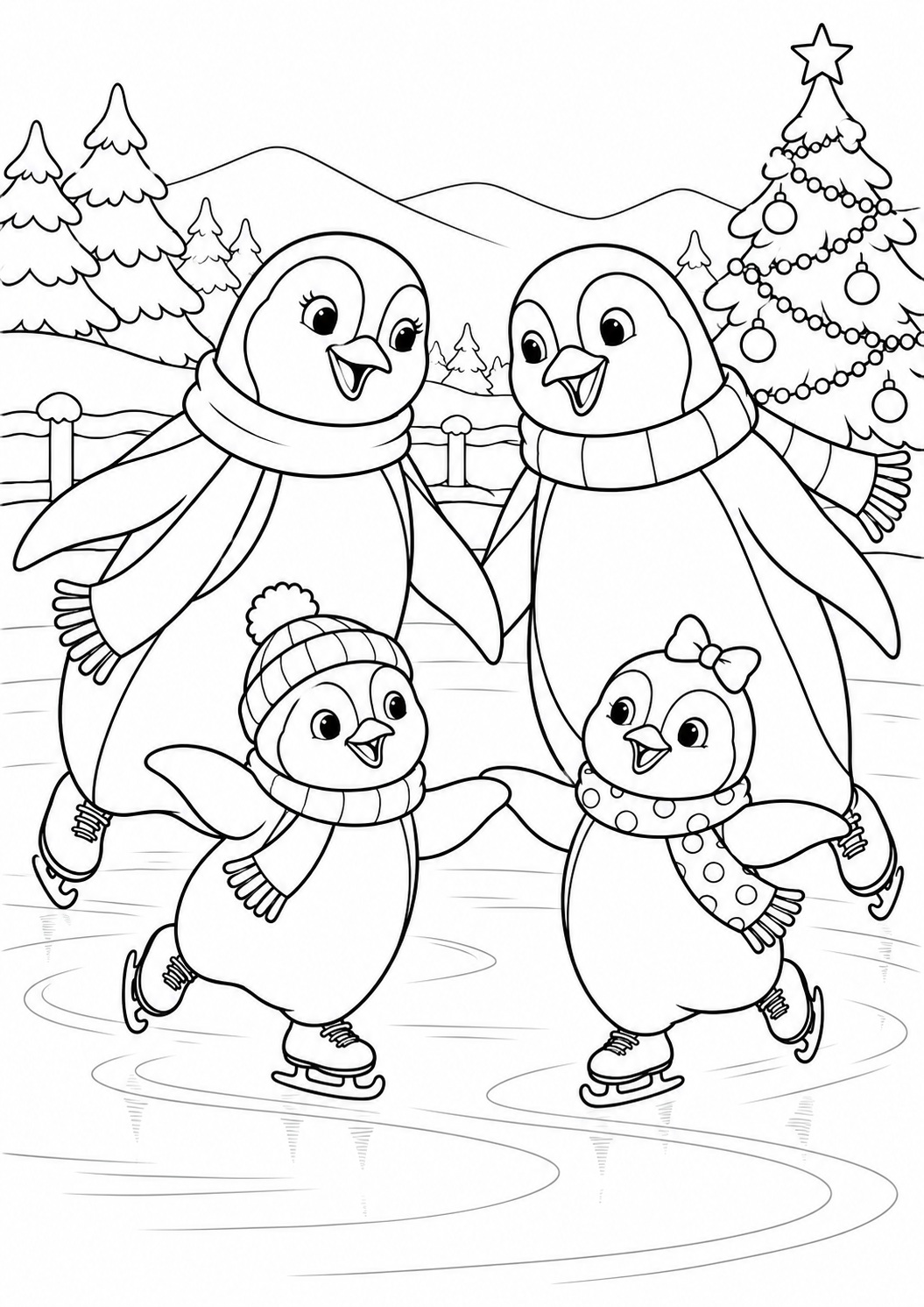 Kleurplaat: Pinguïns Schaatsen met Kerst