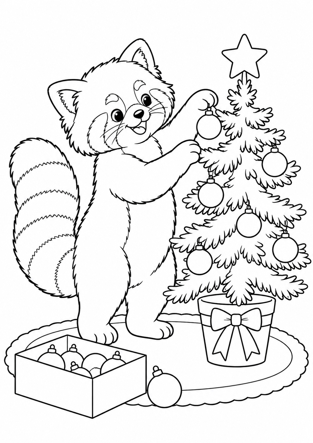Kleurplaat: Rode Panda Versiert de Kerstboom