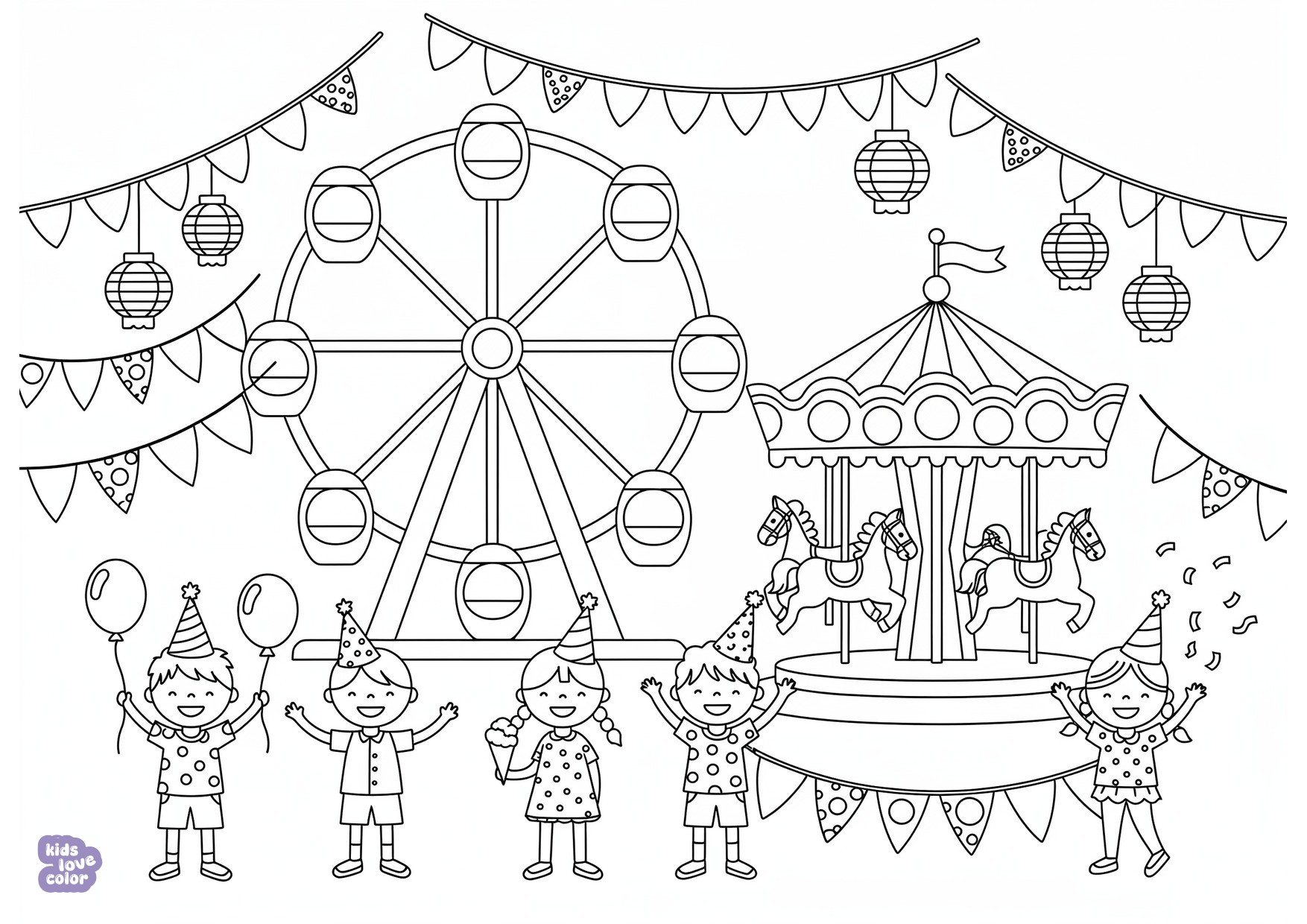 Gratis kleurplaat kinderen op de kermis met een reuzenrad en draaimolen – kinderen