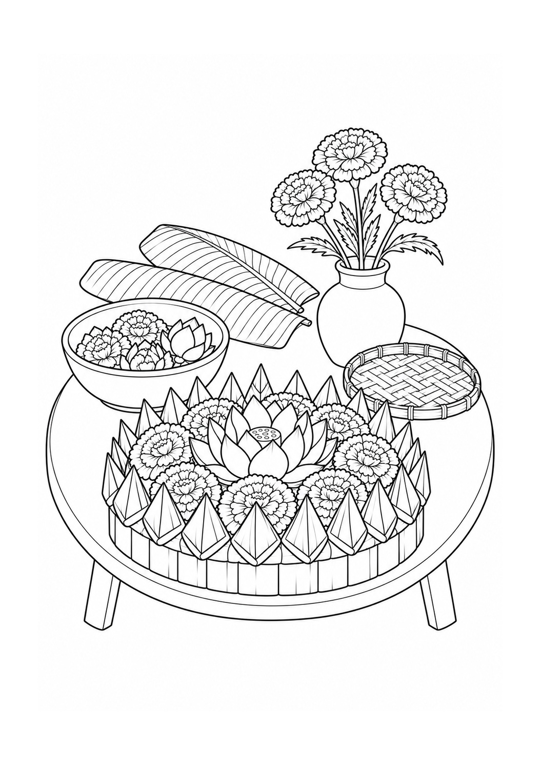 Kleurplaat: Krathong Versieren met Bladeren en Bloemen