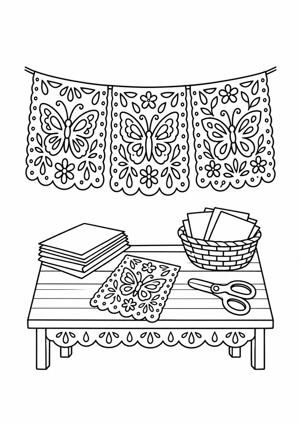Kleurplaat: Vlinderatelier met Papel Picado