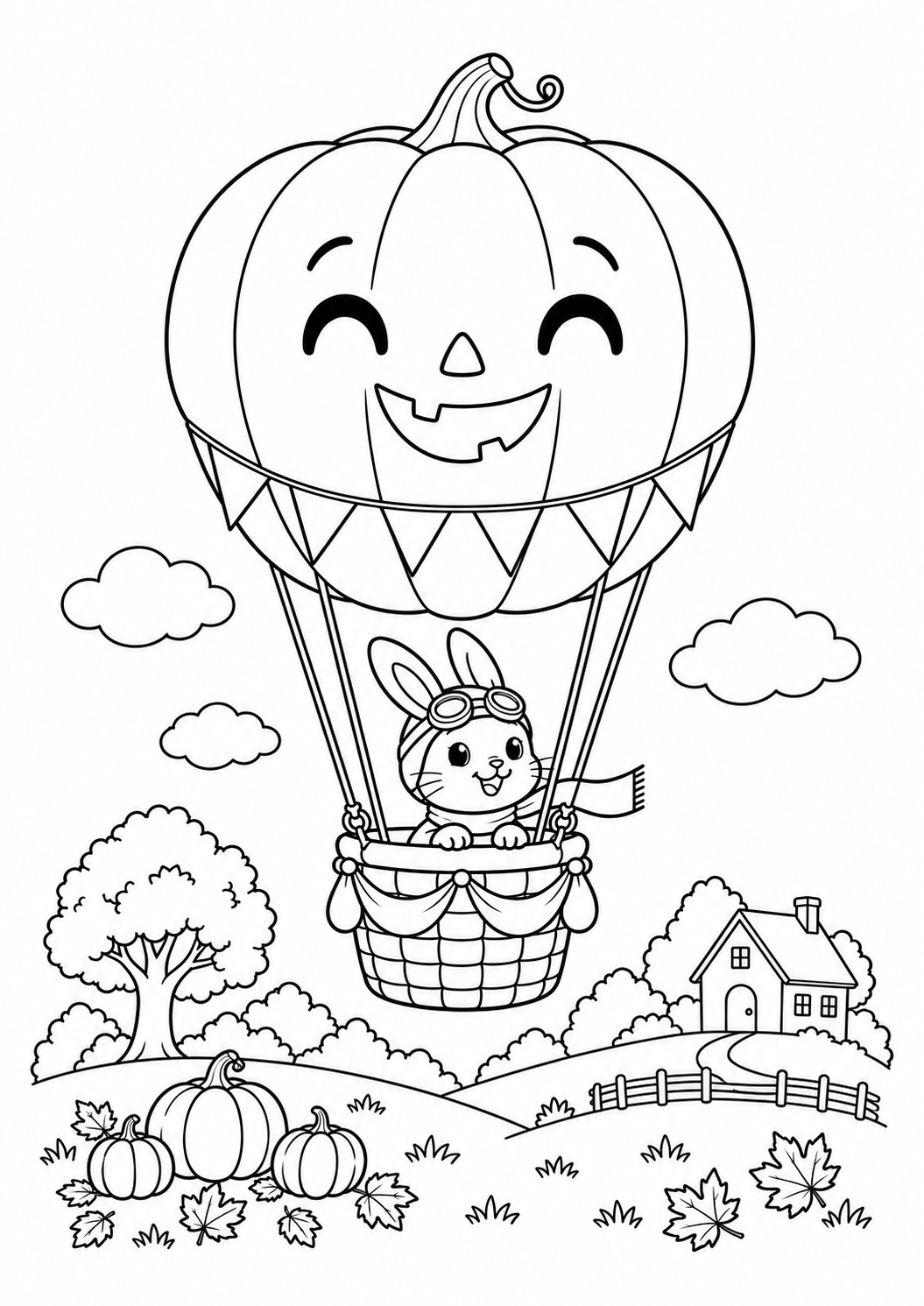 Kleurplaat: Pompoenluchtballon met Konijn