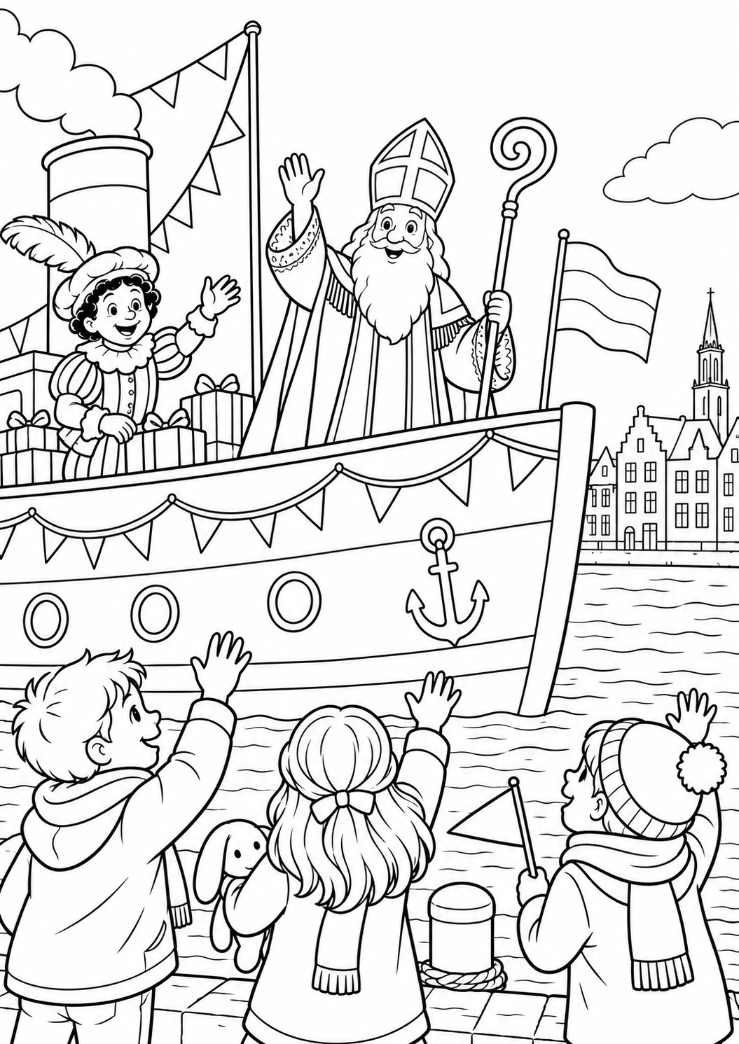 Kleurplaat: Sinterklaas op de Stoomboot