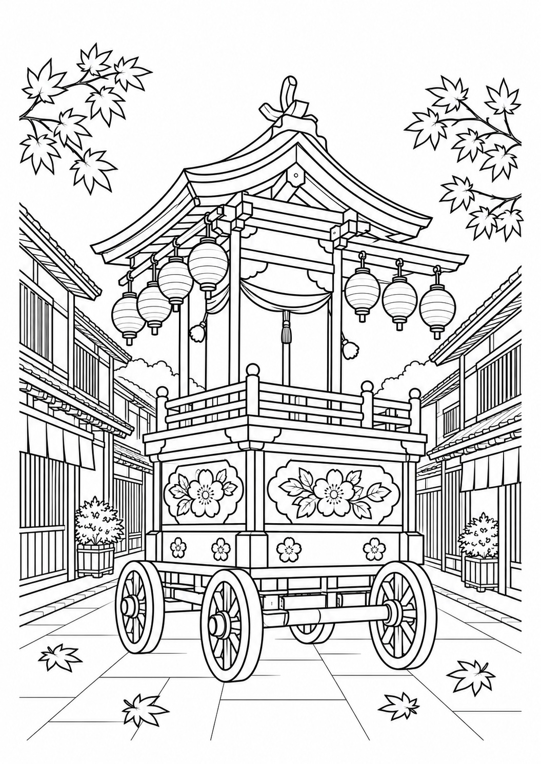 Kleurplaat: Lantaarnwagen in Takayama