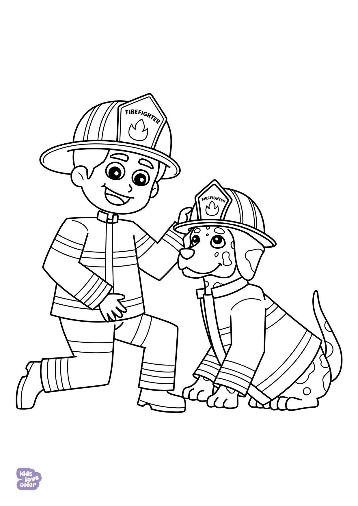 Gratis kleurplaat brandweer jongen en hond – kinderen