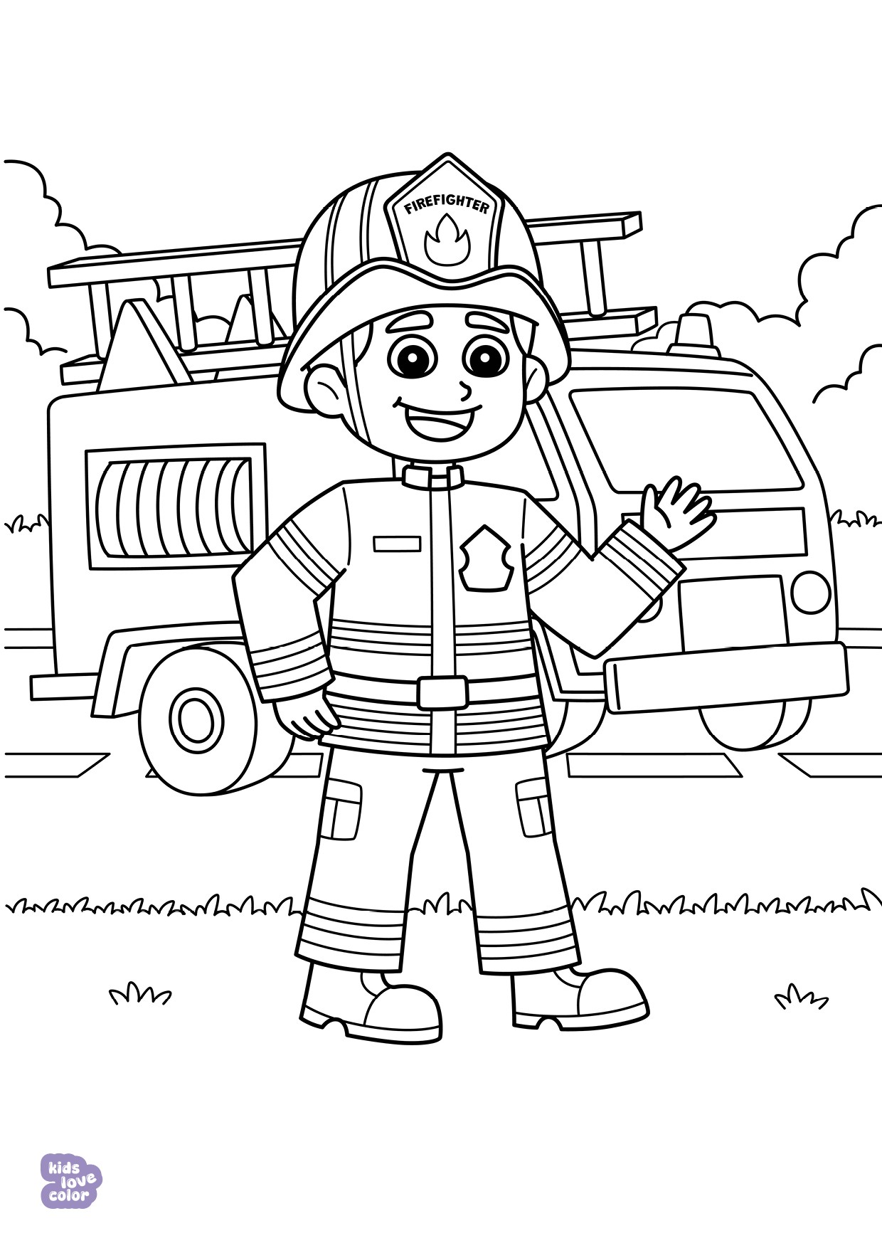 Gratis kleurplaat brandweer jongen met vrachtwagen – kinderen