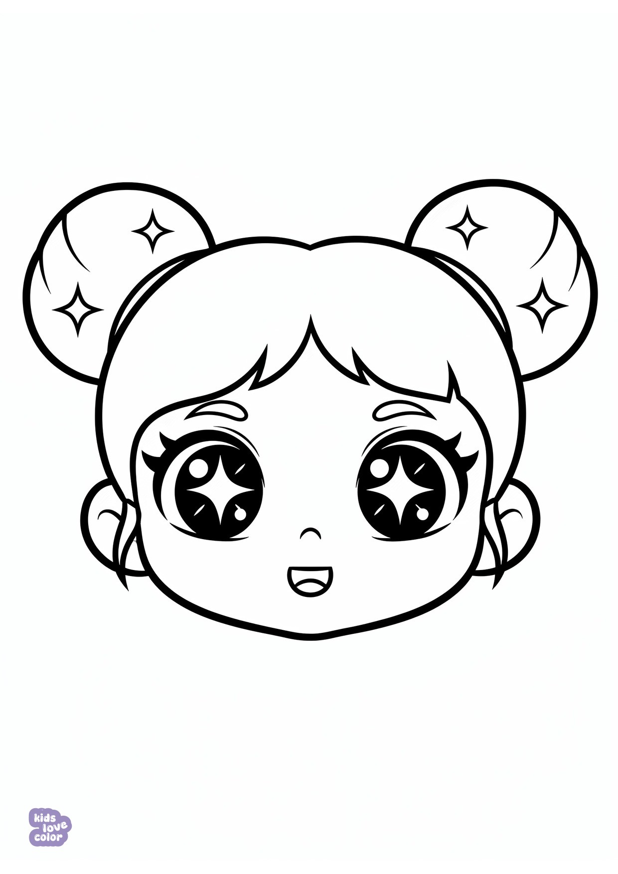 Gratis kleurplaat chibi meisjesgezicht met grote glinsterende ogen en twee knotjes – kinderen