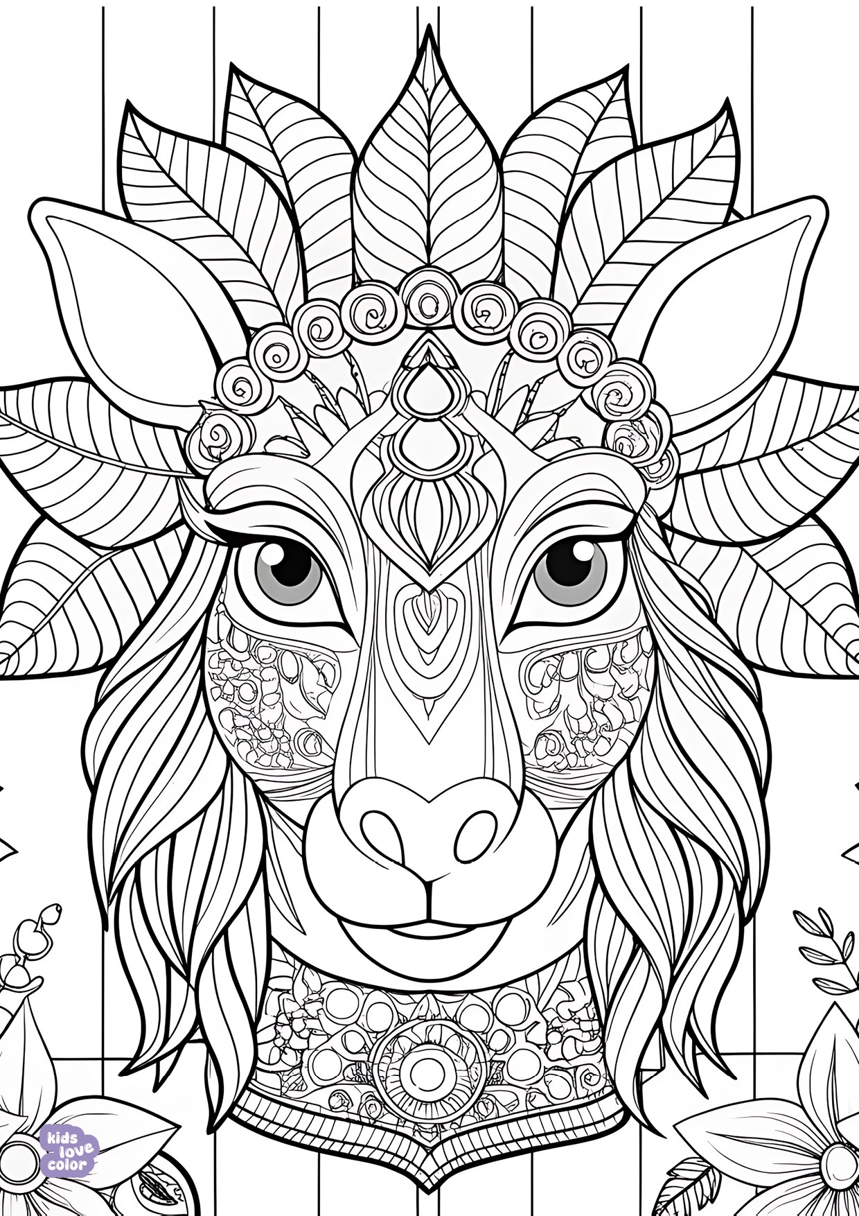 Gratis kleurplaat giraffekop mandala bladeren