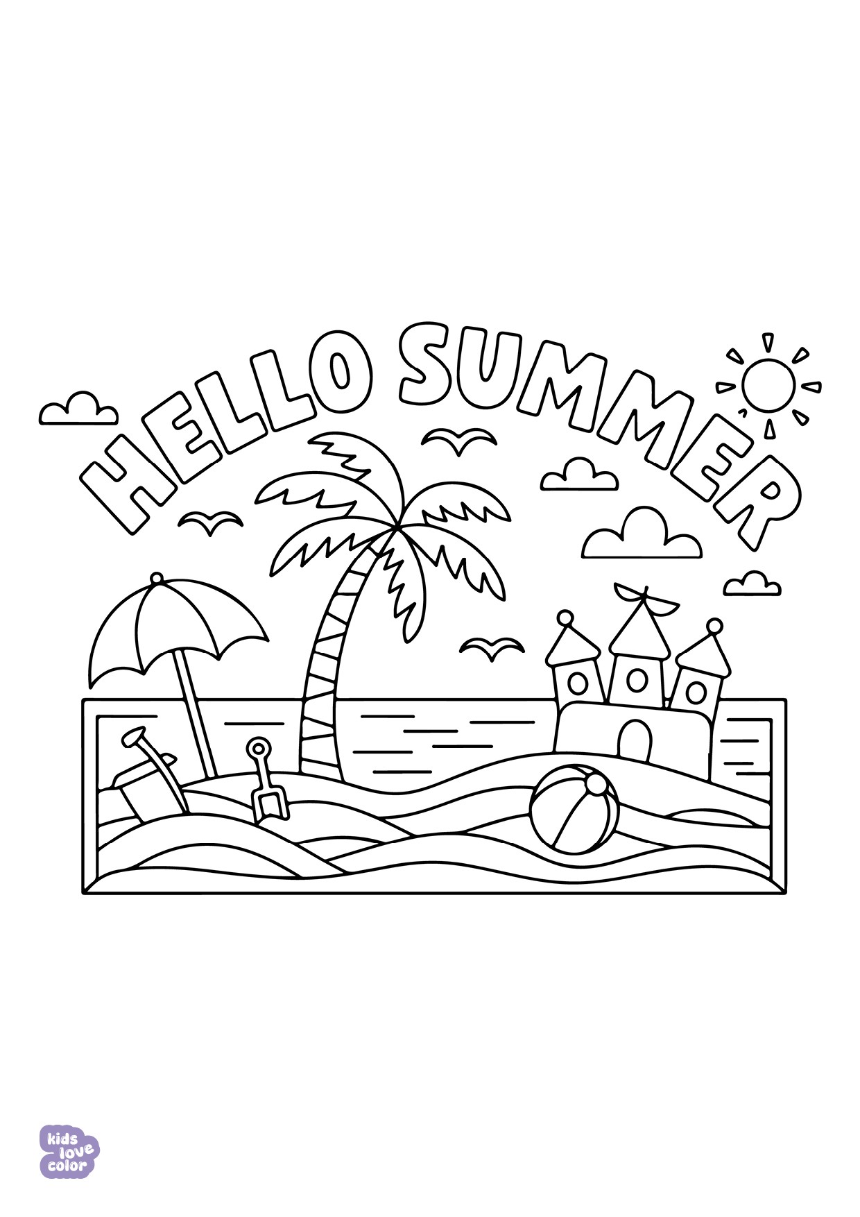 Gratis kleurplaat hallo zomer strand – kinderen