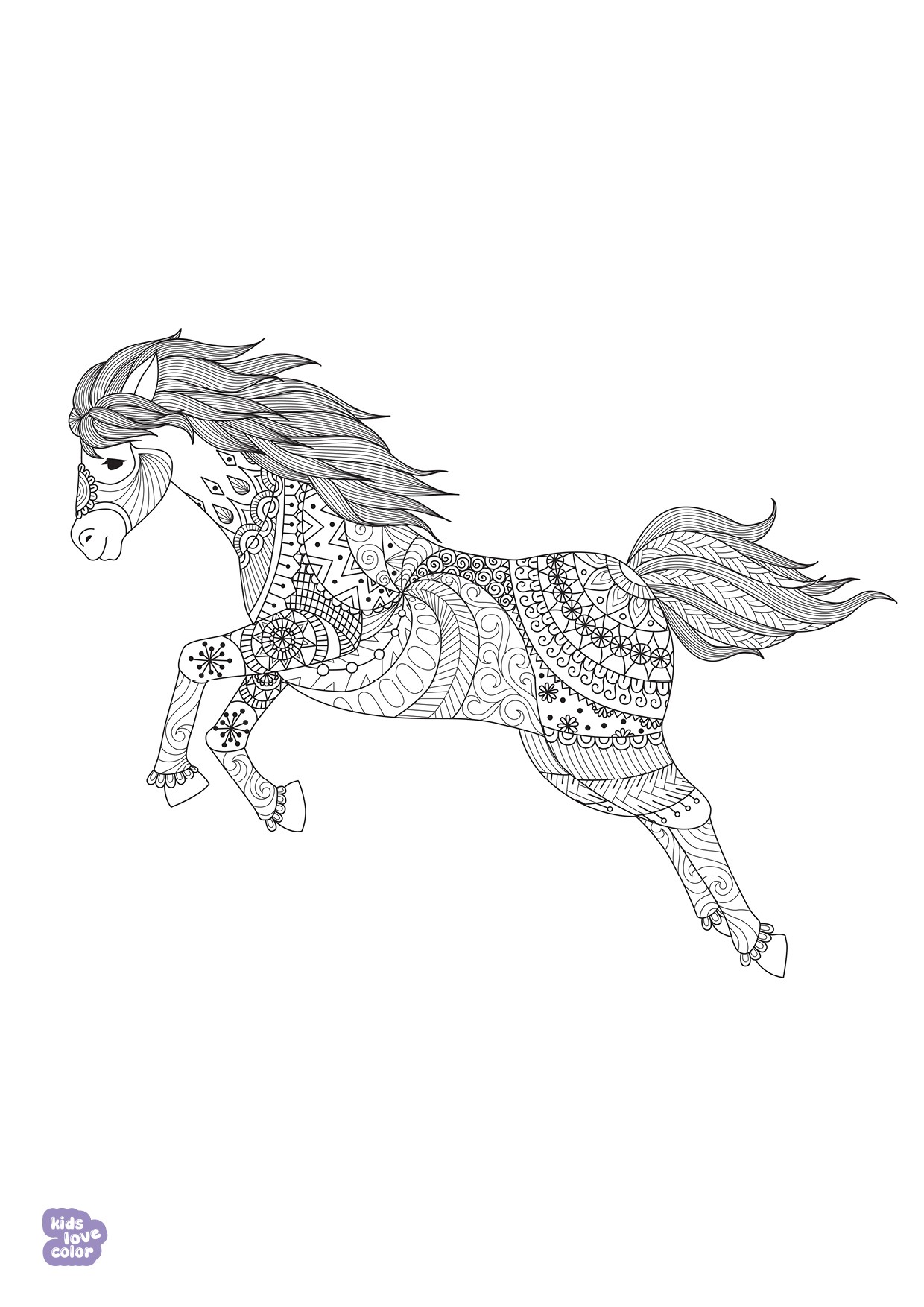 Gratis kleurplaat galopperende paard mandala – kinderen