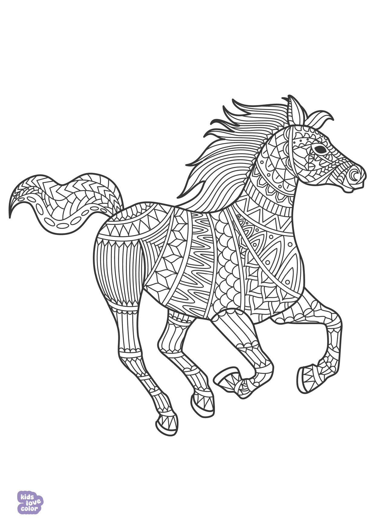 Gratis kleurplaat rennend paard mandala – kinderen