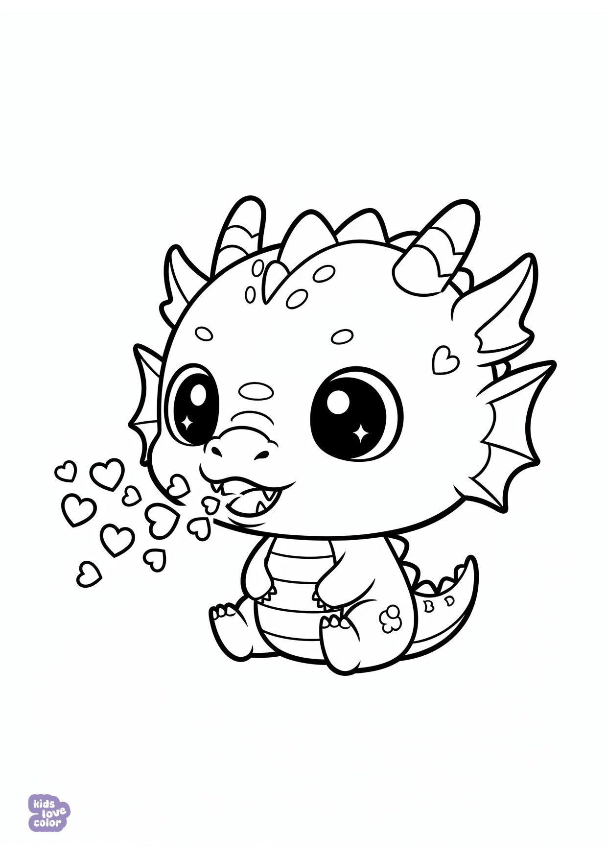 Gratis kleurplaat chibi draakje dat kleine hartjes blaast – kinderen