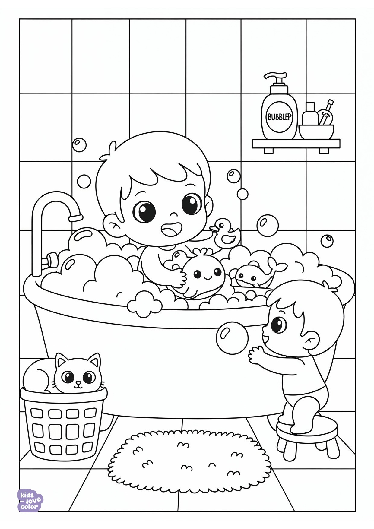 Gratis kleurplaat kind dat speelt met badspeeltjes en bubbels tijdens badtijd in de badkamer – kinderen