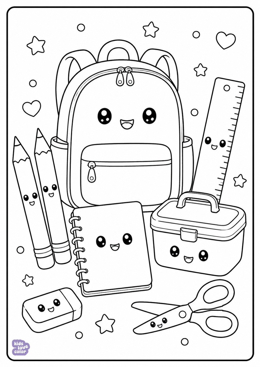 Gratis kawaii-kleurplaat van vrolijke schoolspullen