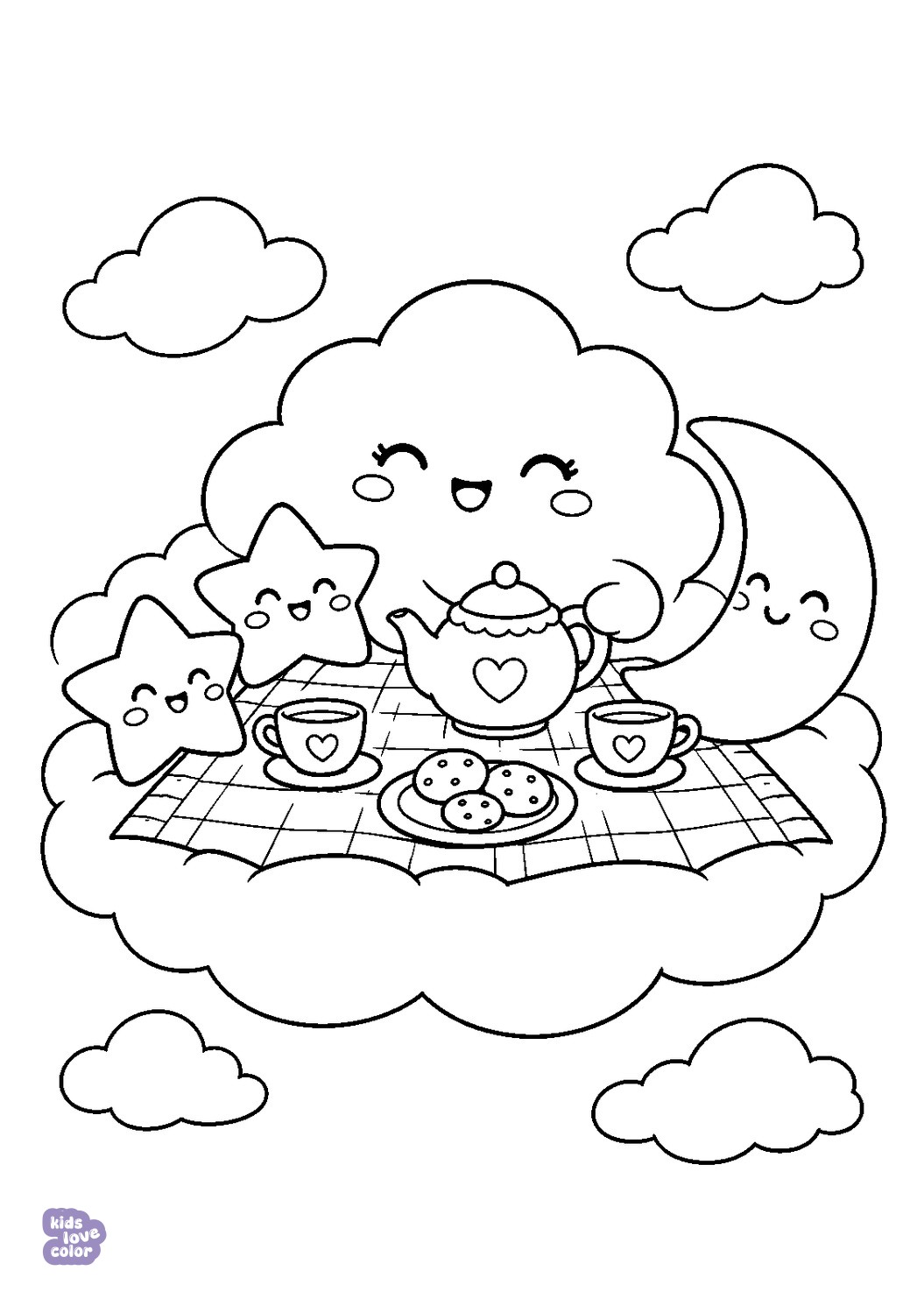 Eenvoudige kawaii-kleurplaat van een theekransje met wolk, maan en sterren