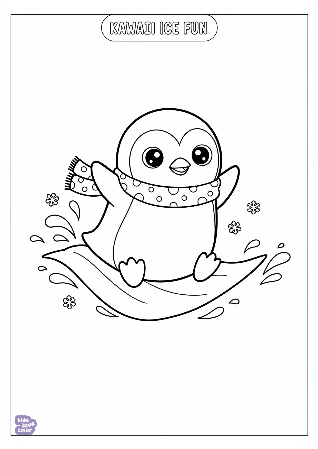 Gratis kleurplaat kawaii pinguïn glijdend over het ijs – kinderen