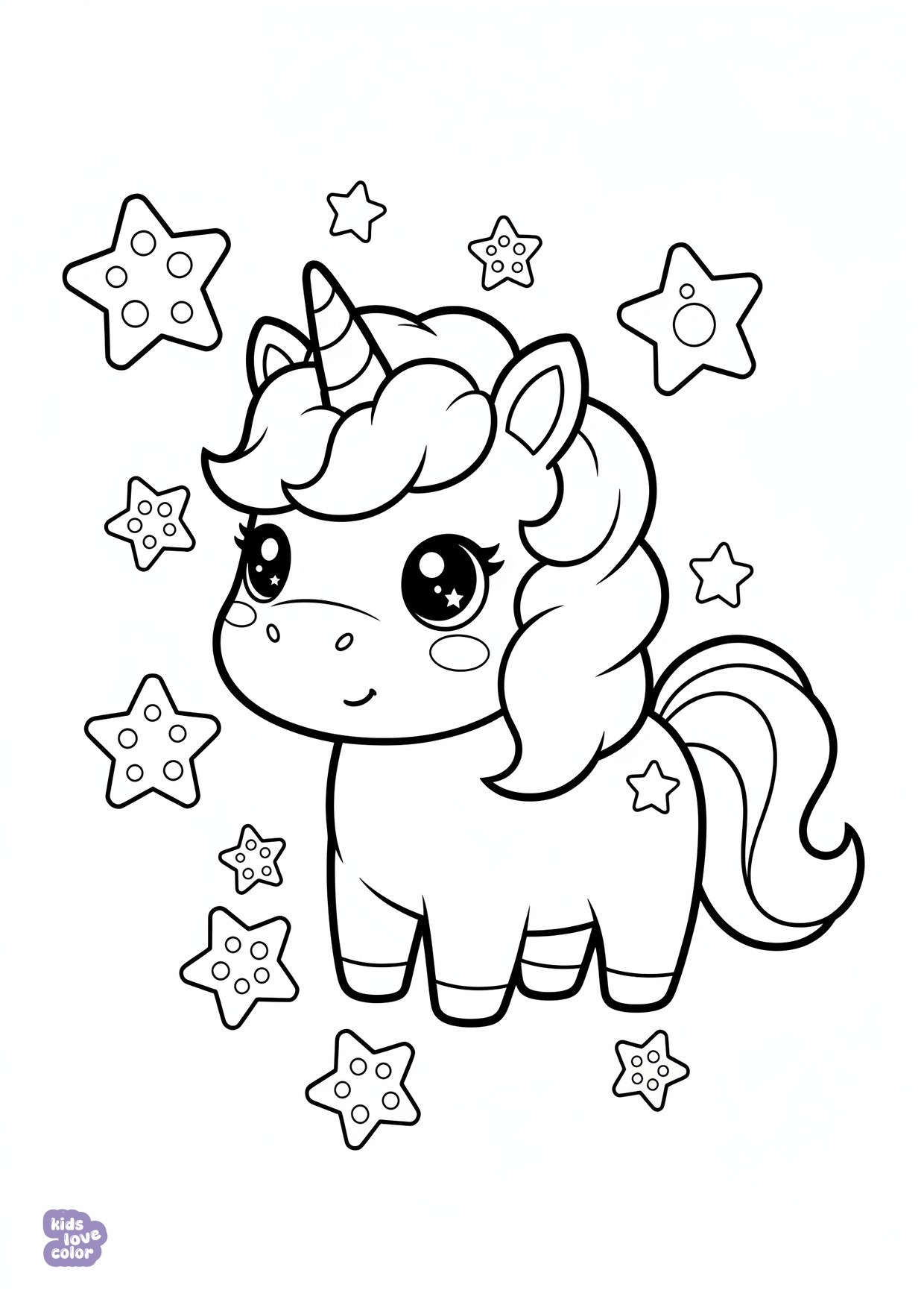 Gratis kleurplaat kawaii eenhoorn met sterren – kinderen