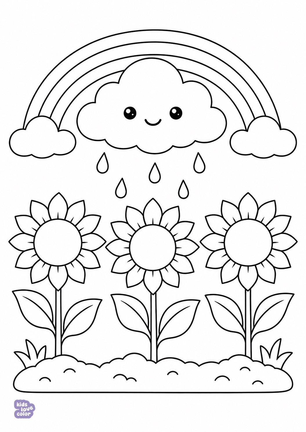 Lachende regenwolk met regendruppels boven drie zonnebloemen en een regenboog.