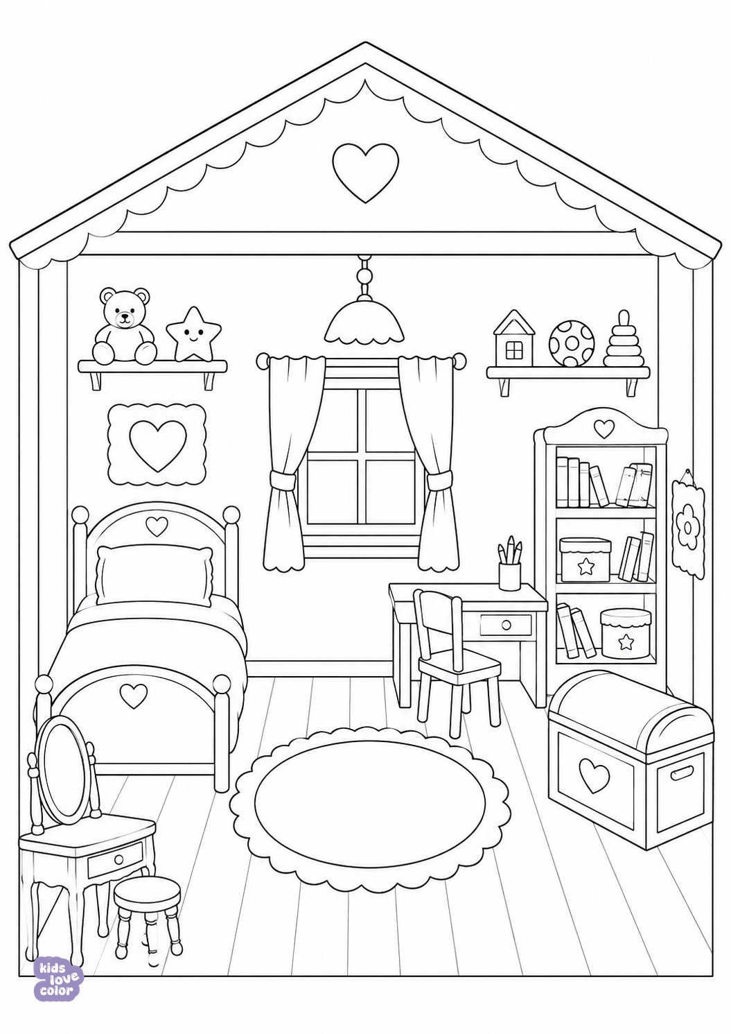 Gratis kleurplaat poppenhuis-slaapkamer om zelf te ontwerpen – kinderen