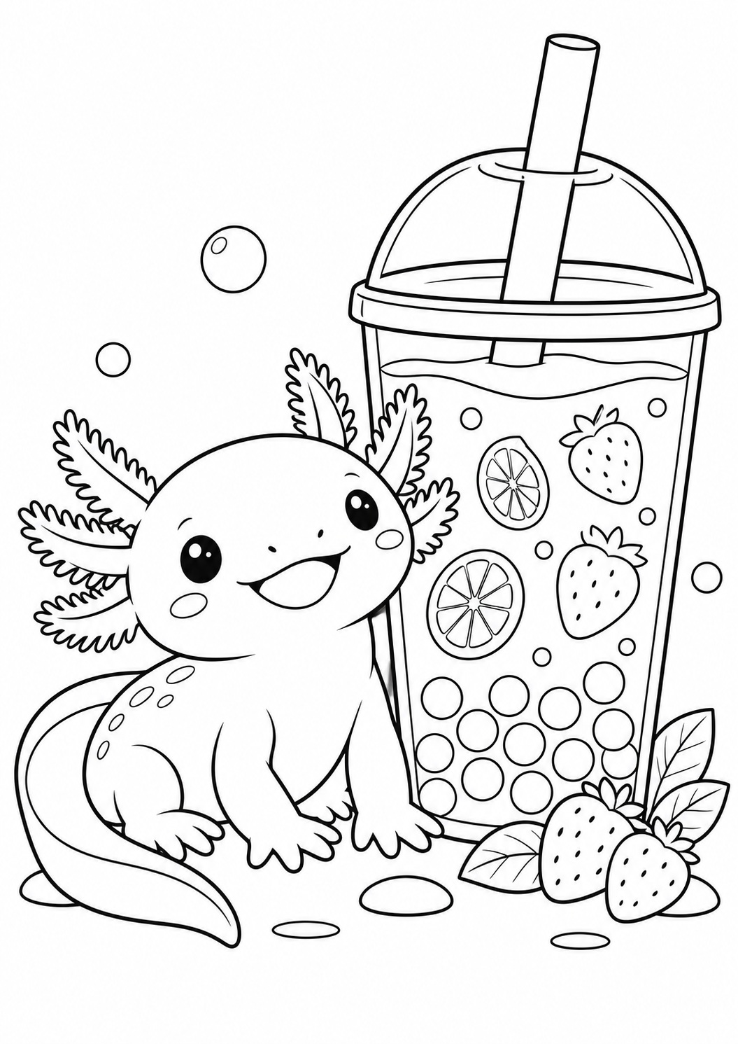 Kleurplaat: Axolotl met Bubble Tea