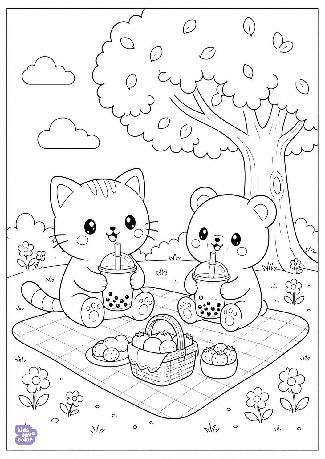Gratis kawaii-kleurplaat van een kat en beer met bubble tea