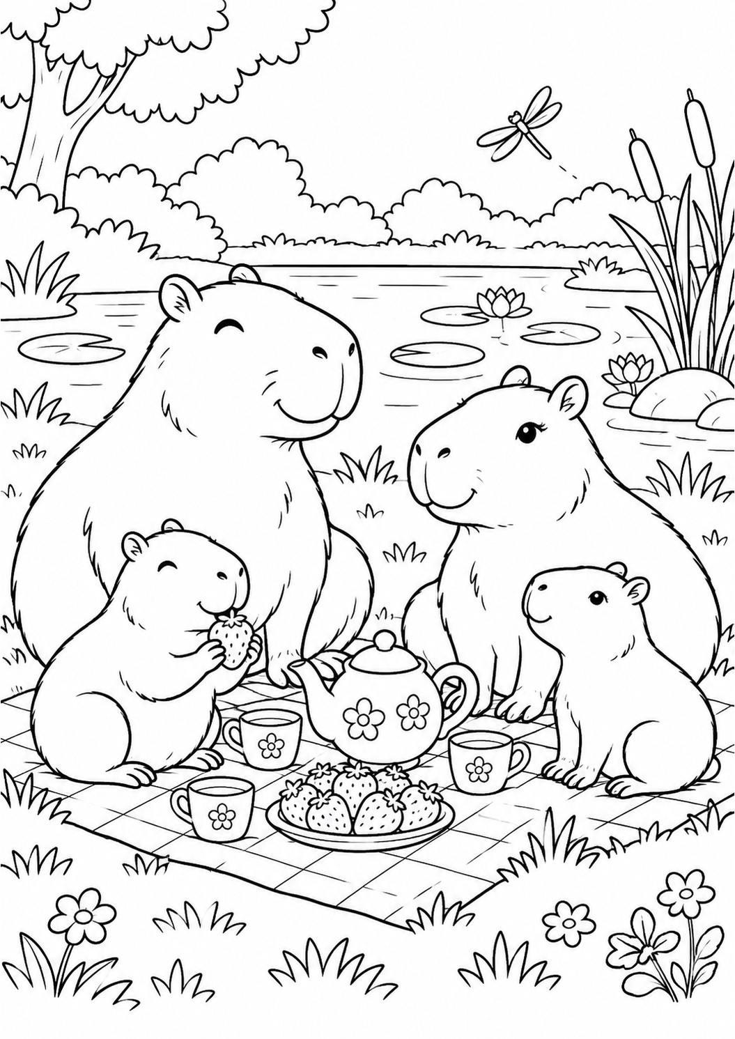 Kleurplaat: Capibara’s bij een Theepicknick