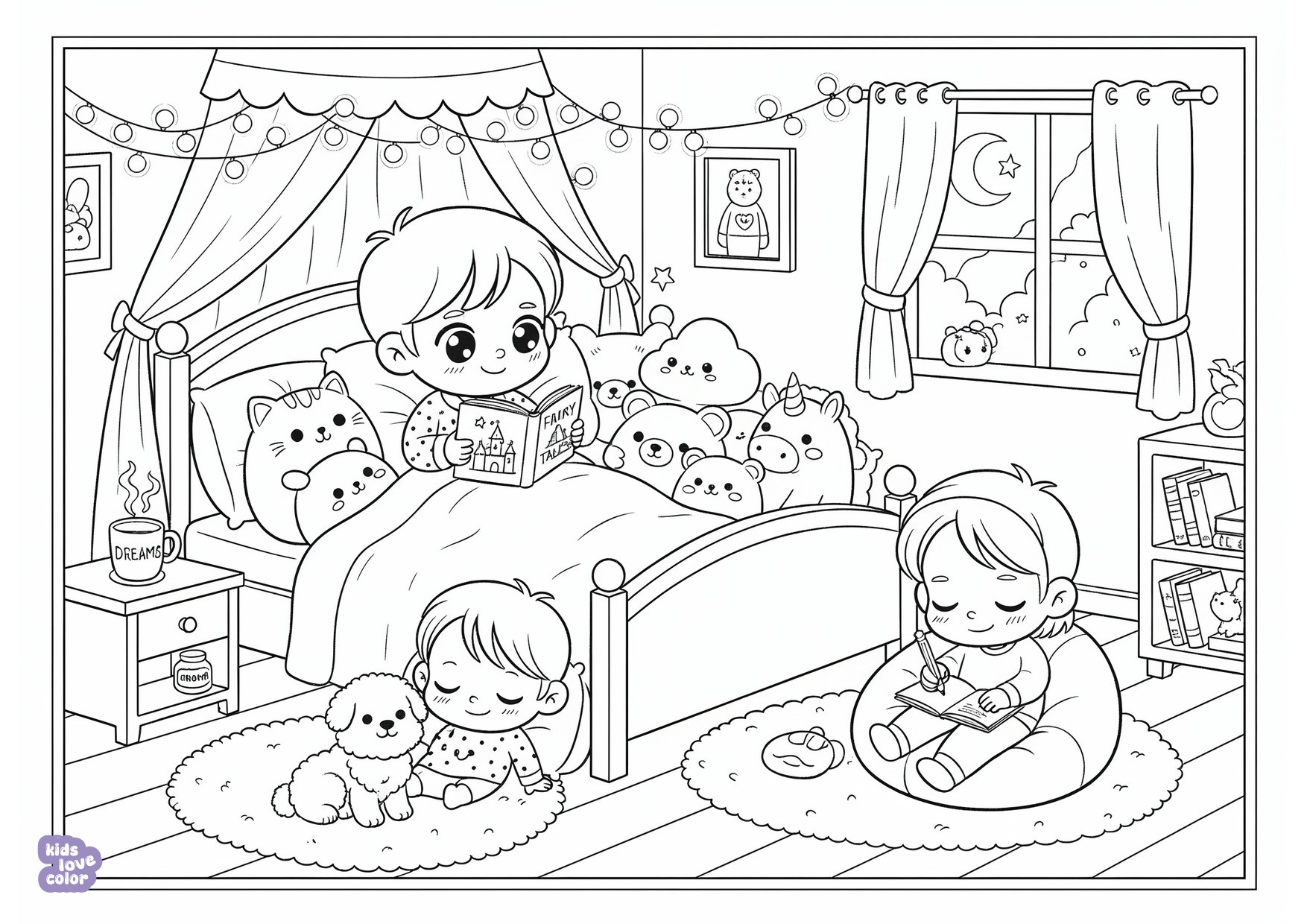 Gratis kleurplaat kind dat leest in bed omringd door knuffels en lichtjesslingers in een gezellige slaapkamer – kinderen