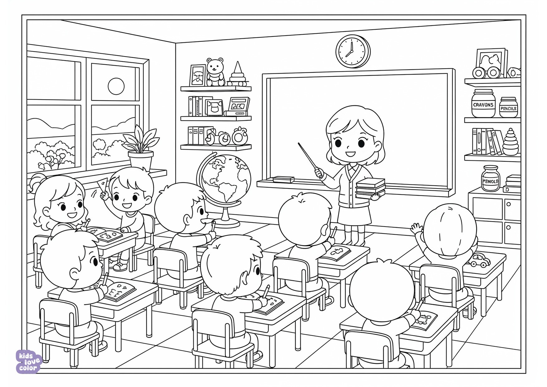 Gratis kleurplaat klaslokaalscène met kinderen achter hun bureau en een juf bij een leeg schoolbord – kinderen
