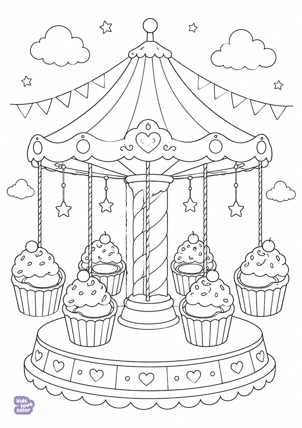 Gratis kleurplaat draaimolen met cupcakezitjes – kinderen