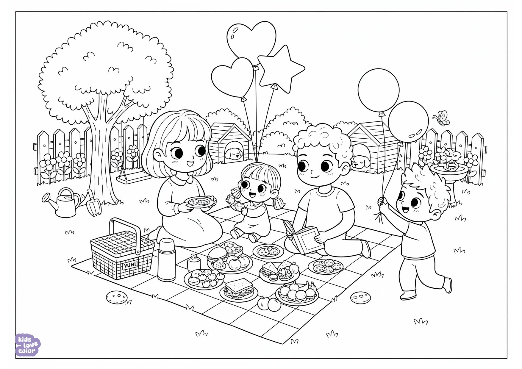 Gratis kleurplaat gezin dat picknickt in de achtertuin met een deken, mand en ballonnen – kinderen