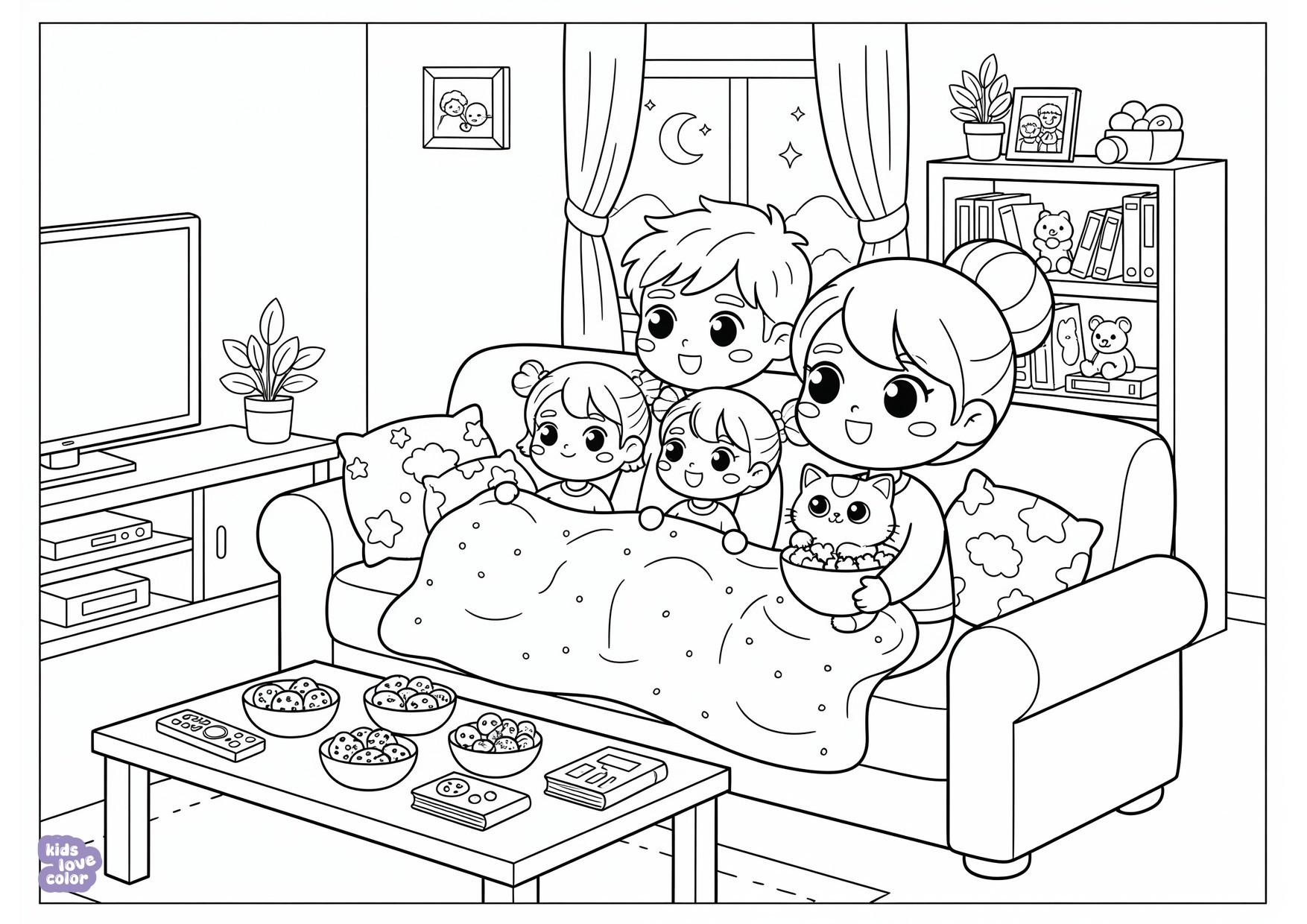 Gratis kleurplaat familie movie night op couch in living room met blankets snacks en kat – kinderen