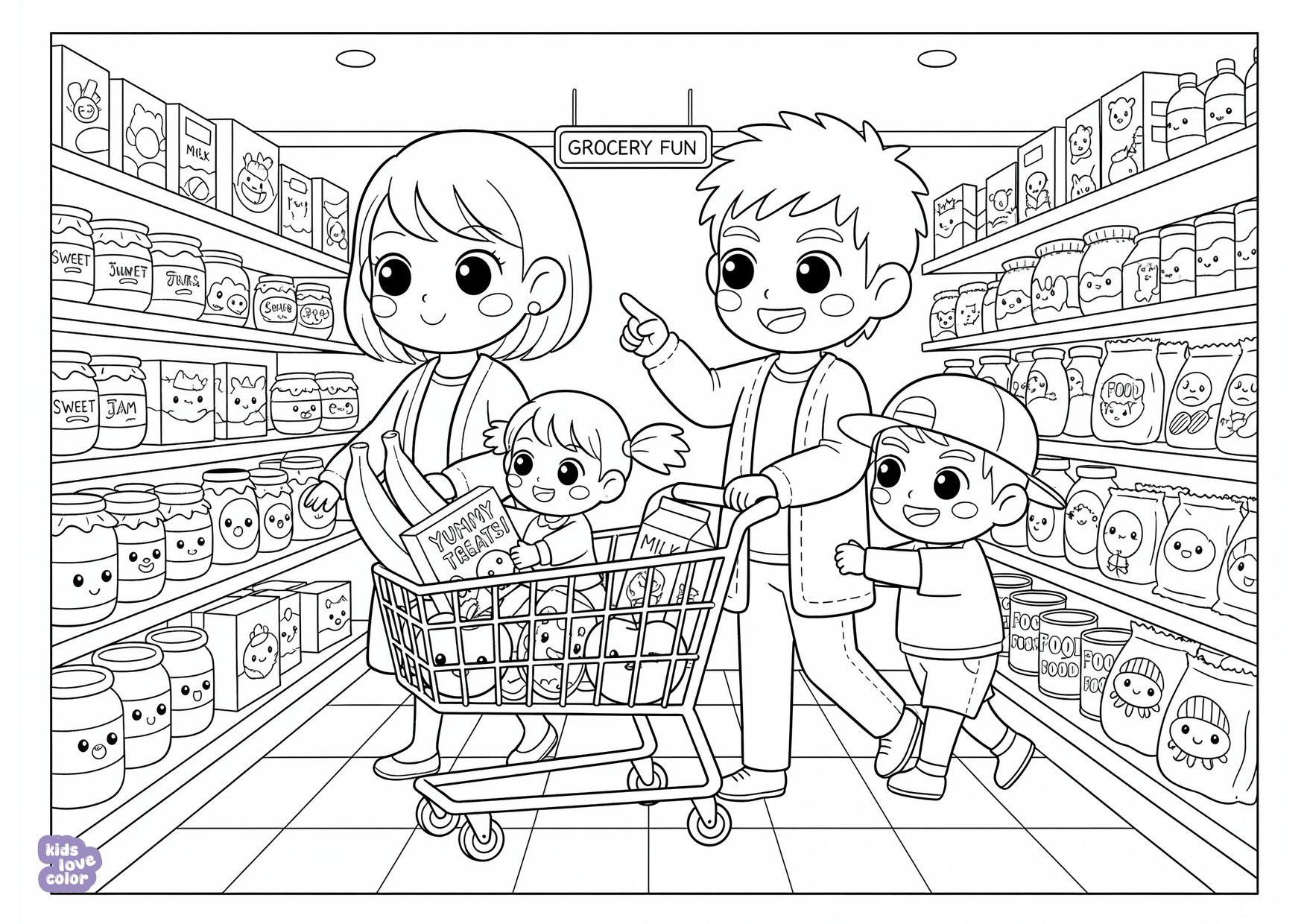 Gratis kleurplaat gezin dat een winkelwagen duwt door de gangpaden van de supermarkt – kinderen