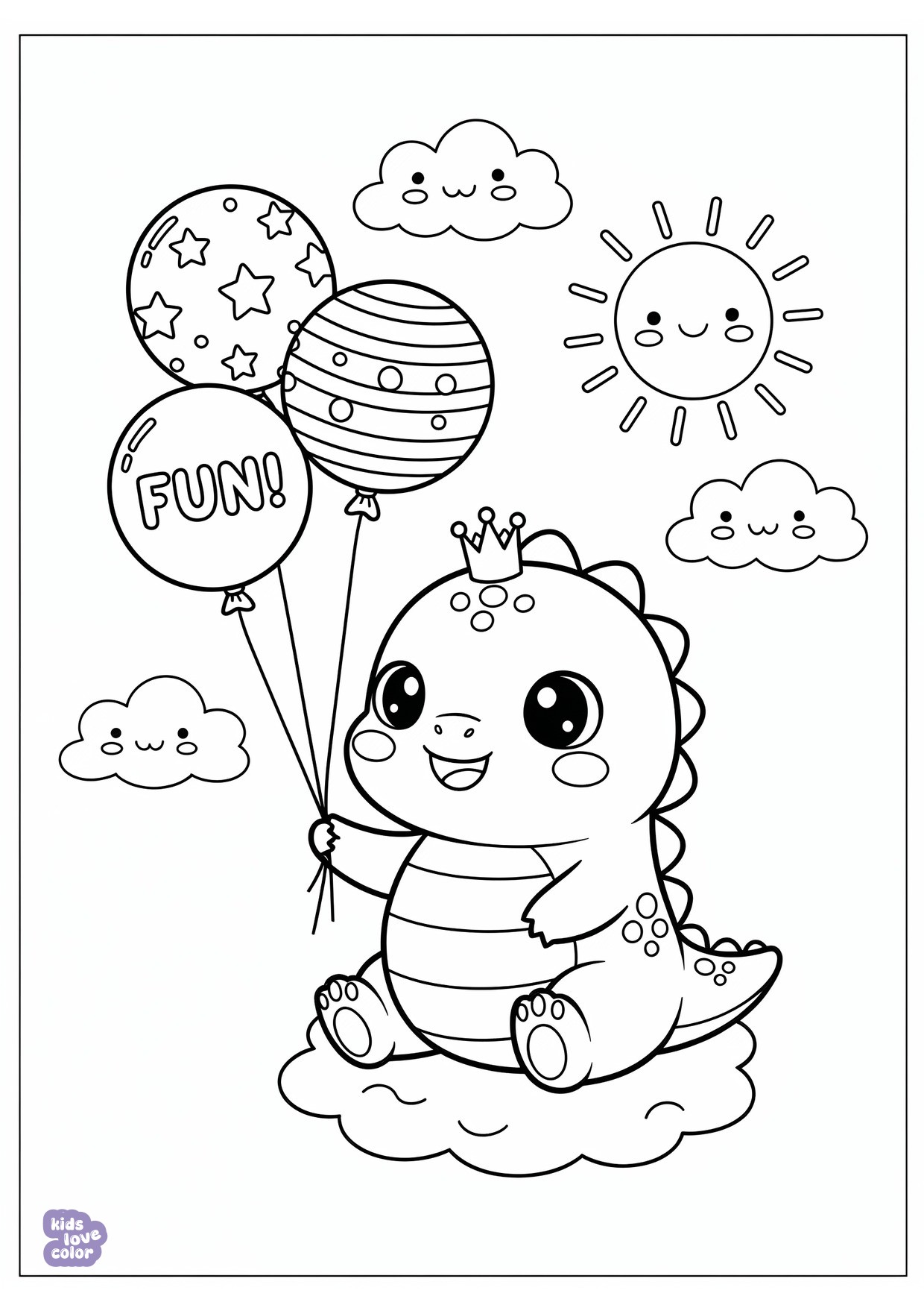 Gratis kleurplaat kawaii dinosaurus spelend met ballonnen – kinderen